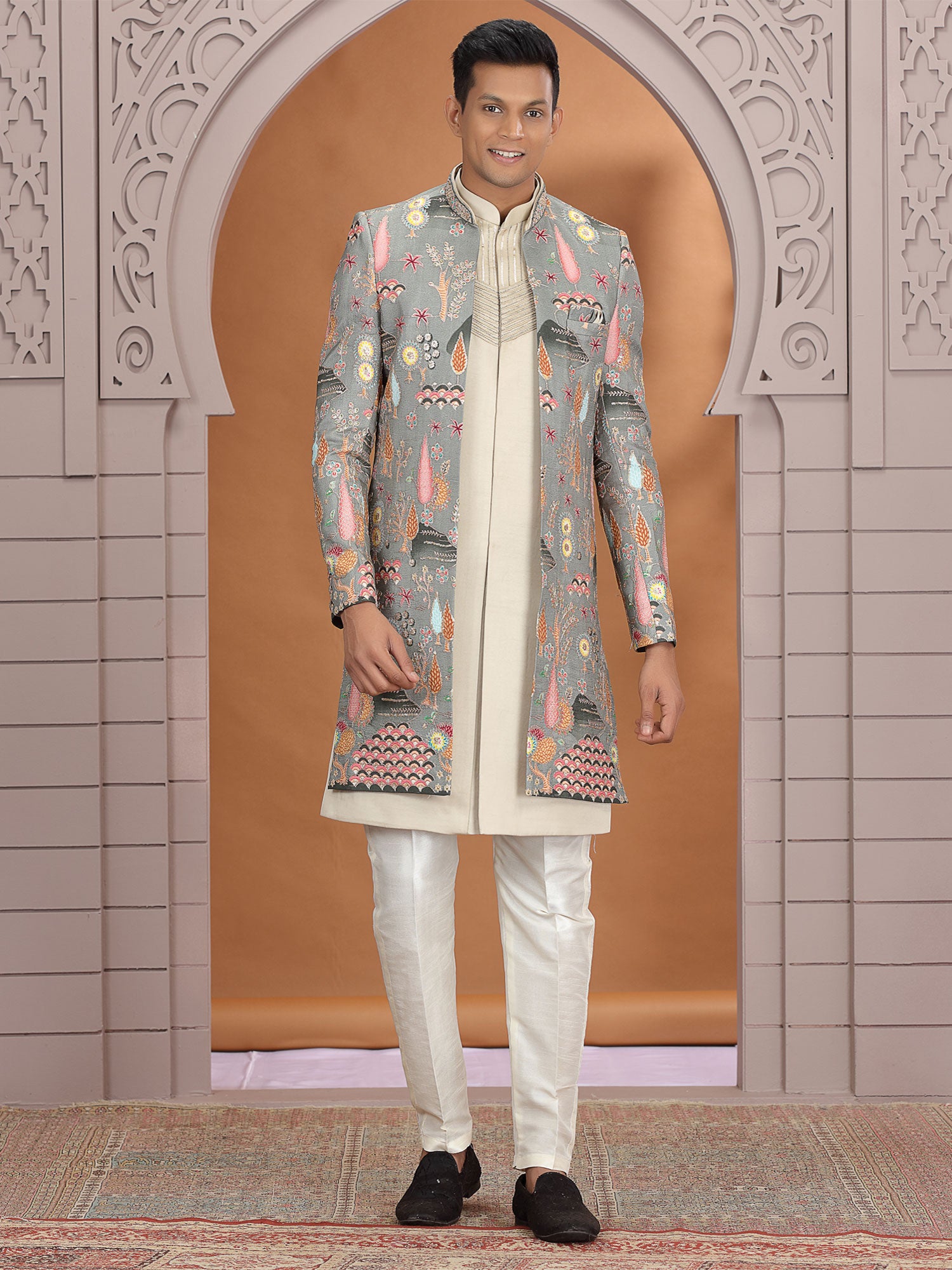Cream Men's Indo Western With Embroidered Jacket