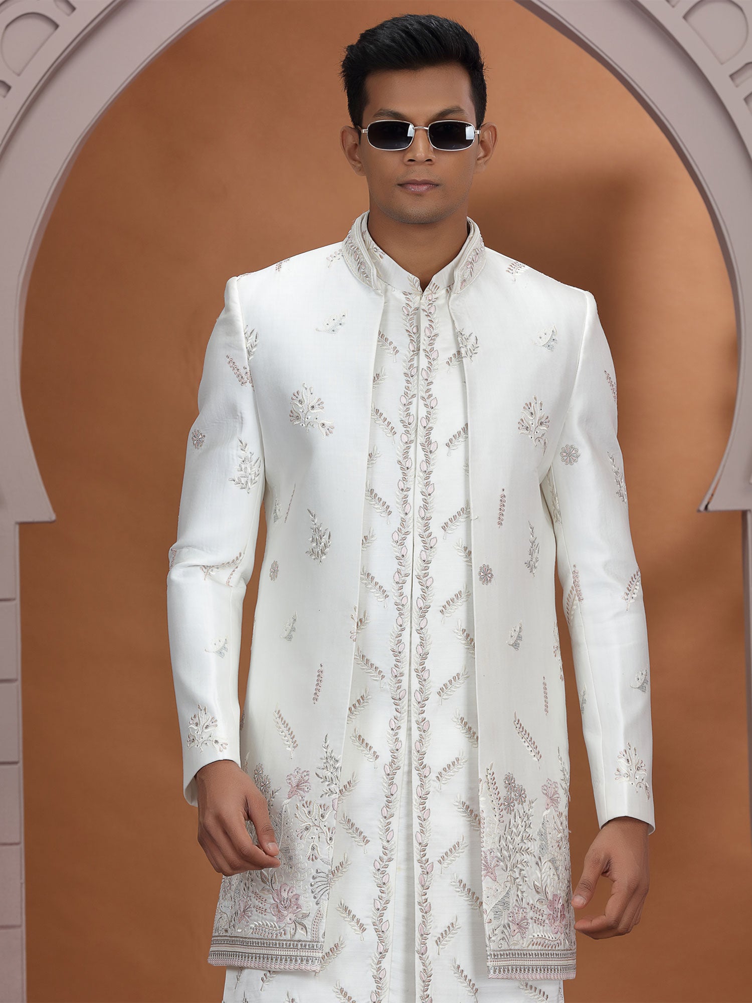 Off White Floral Embellished Menswear Indowestern
