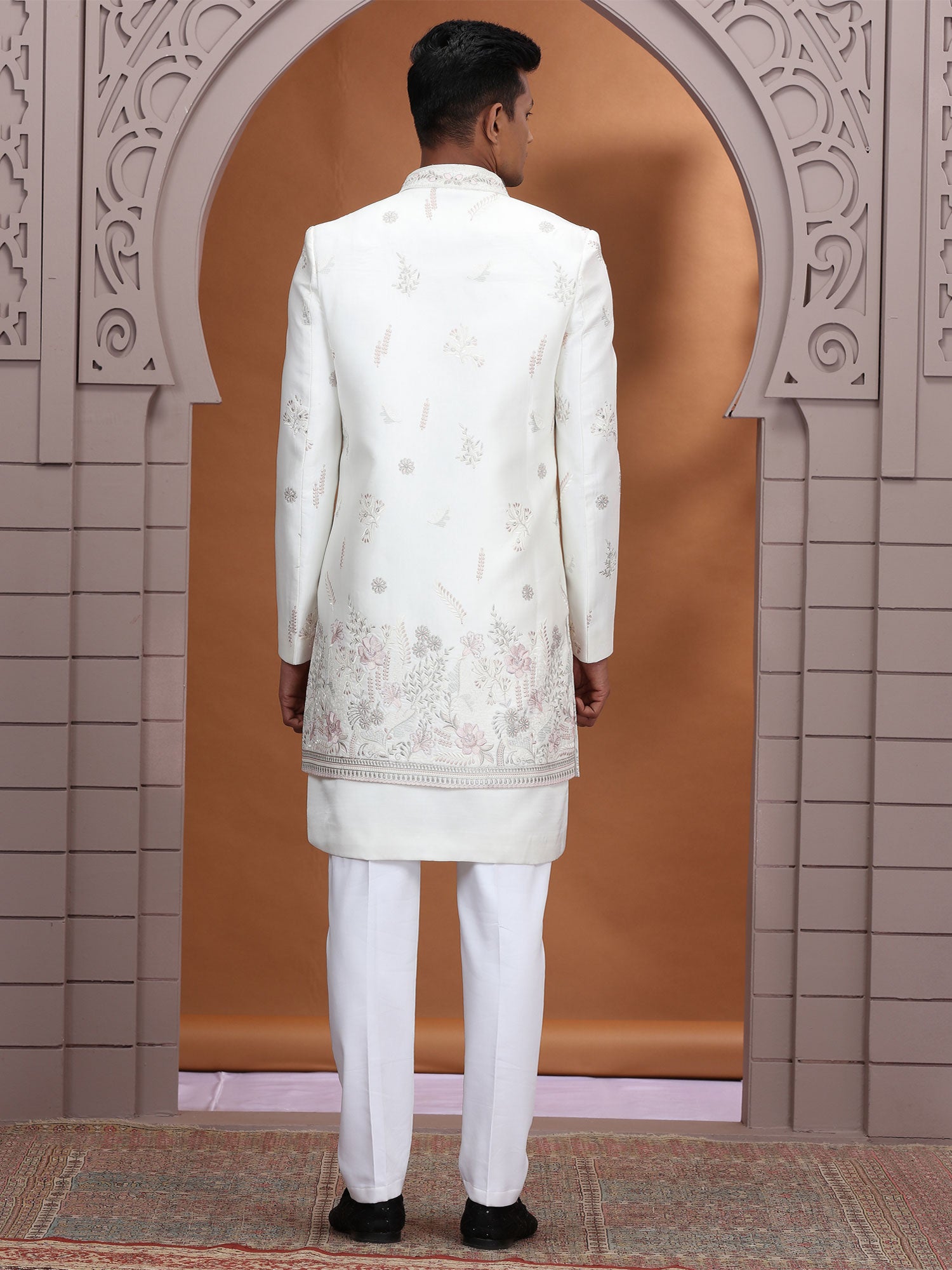 Off White Floral Embellished Menswear Indowestern
