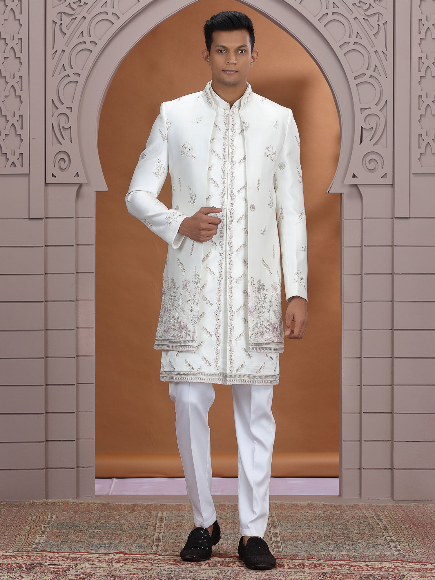 Off White Floral Embellished Menswear Indowestern