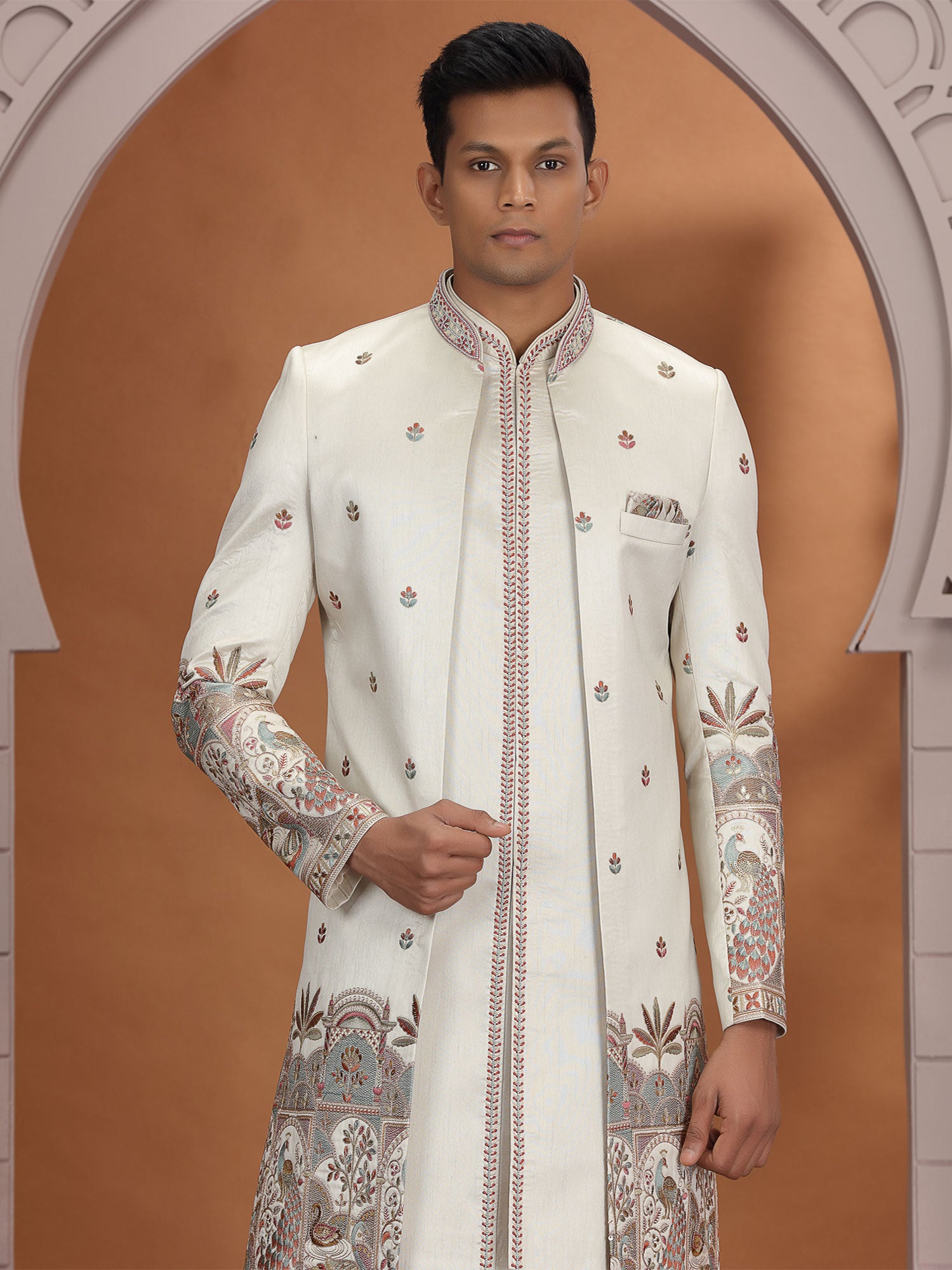 Beige Silk Indowestern With Floral Embroidered Jacket
