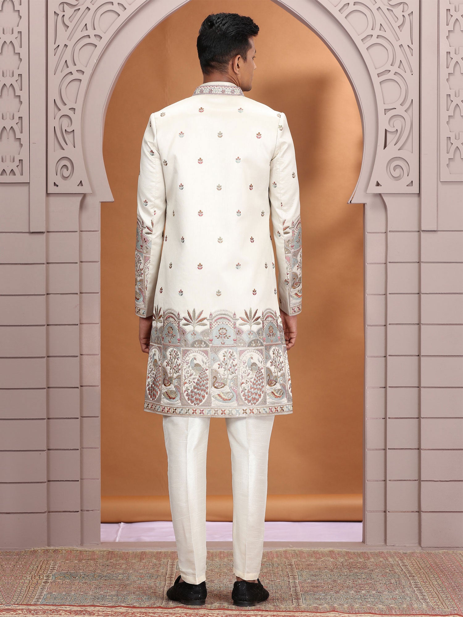 Beige Silk Indowestern With Floral Embroidered Jacket