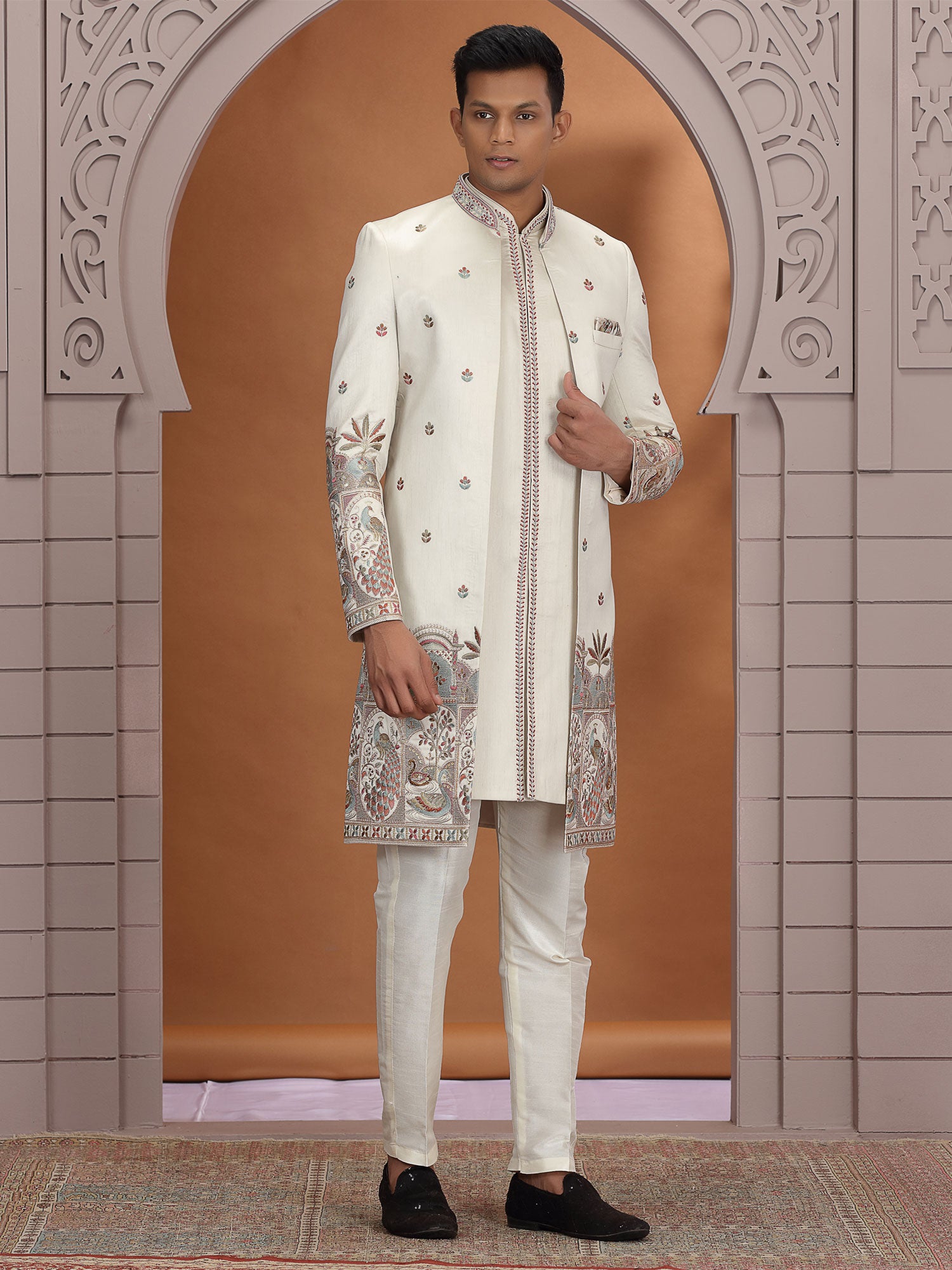 Beige Silk Indowestern With Floral Embroidered Jacket