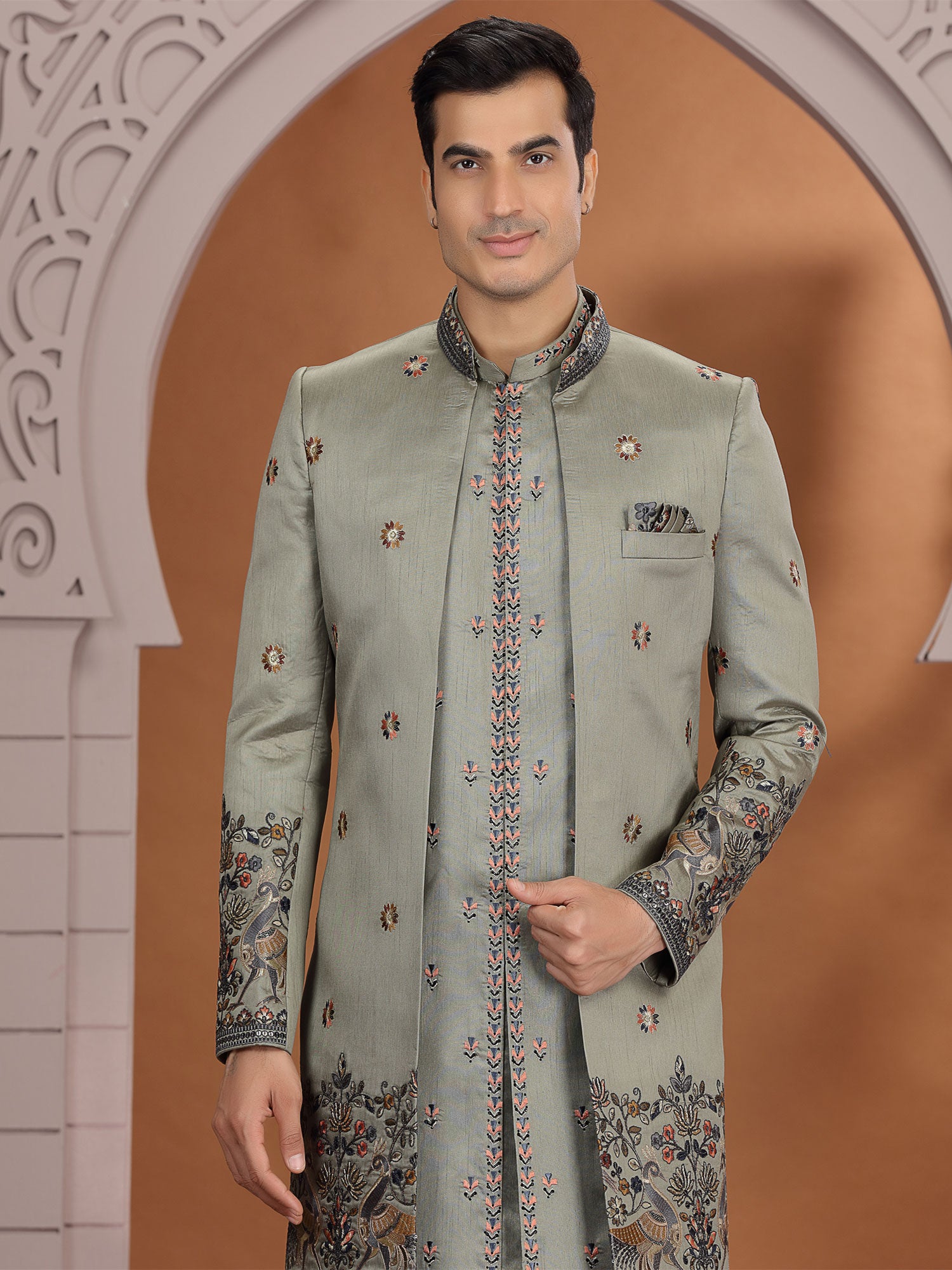 Green Jacket Style Men's Indo Western In Sik