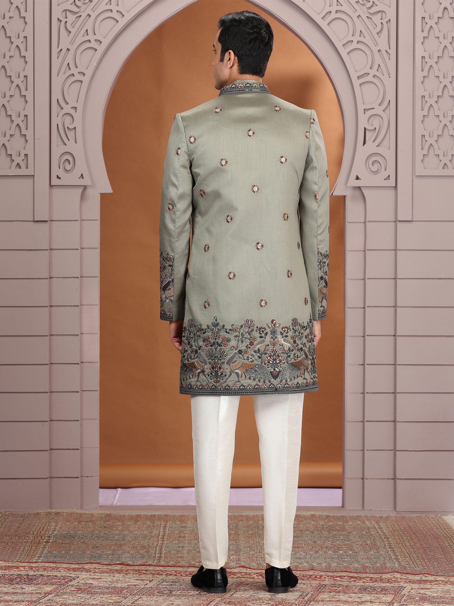 Green Jacket Style Men's Indo Western In Sik
