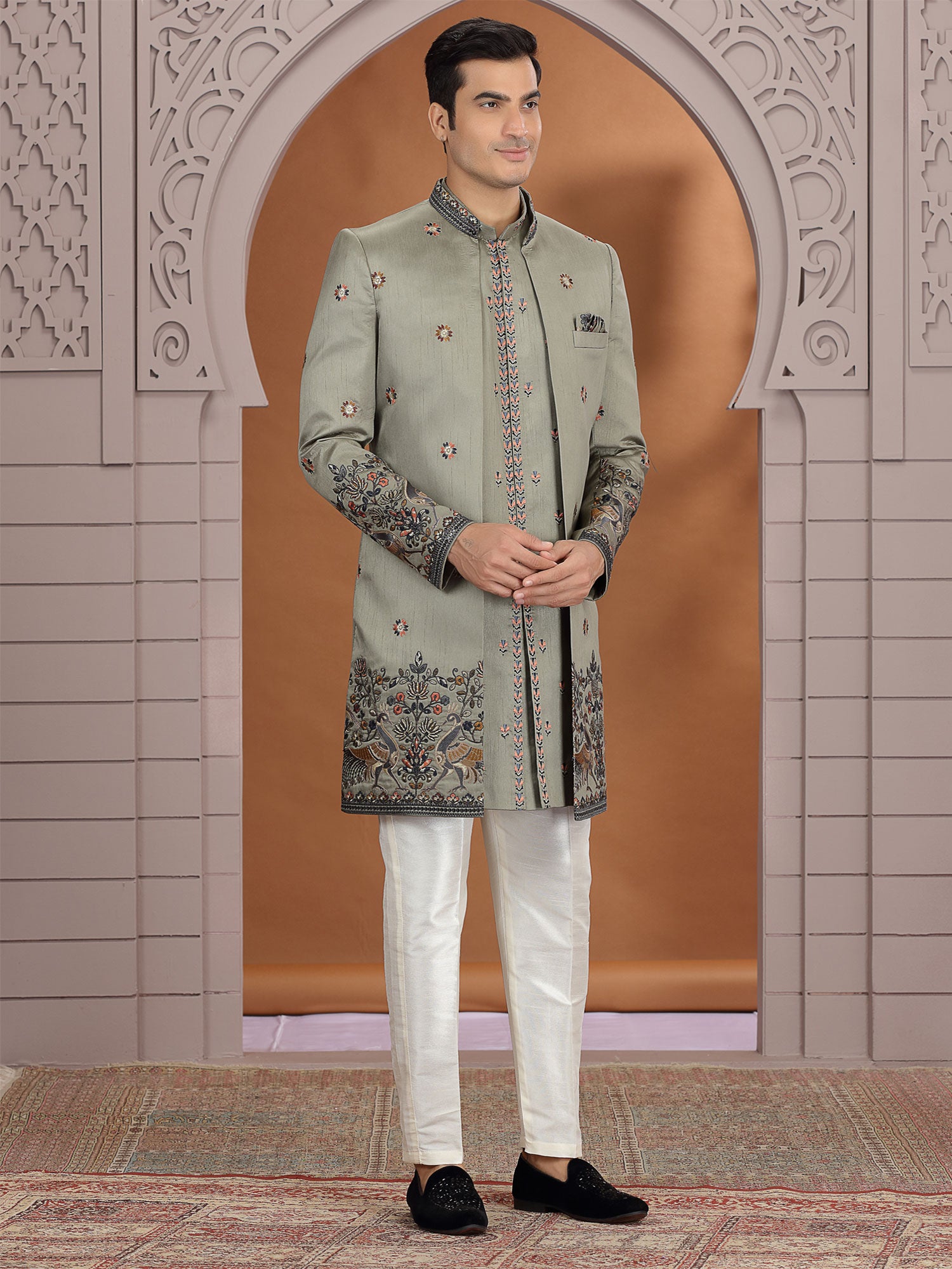 Green Jacket Style Men's Indo Western In Sik