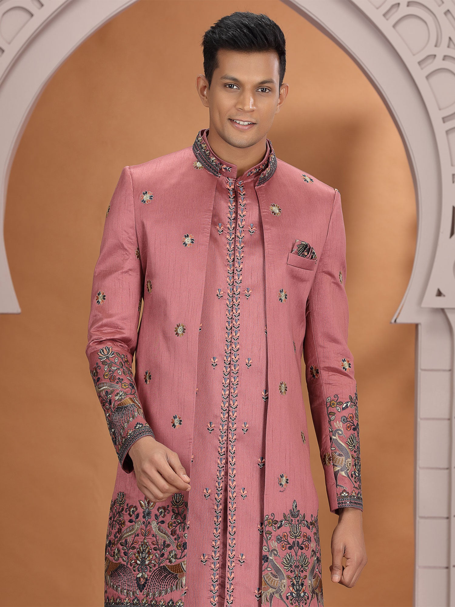 Peach Men's Indowestern In Thread Embellishment