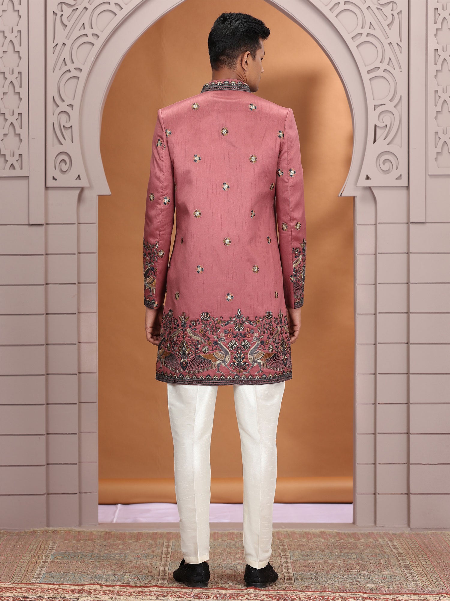 Peach Men's Indowestern In Thread Embellishment