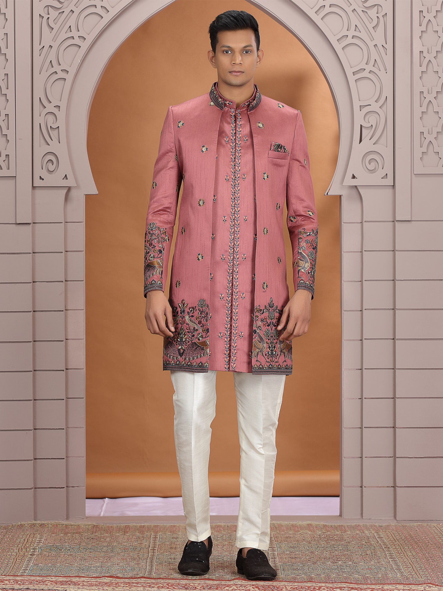 Peach Men's Indowestern In Thread Embellishment