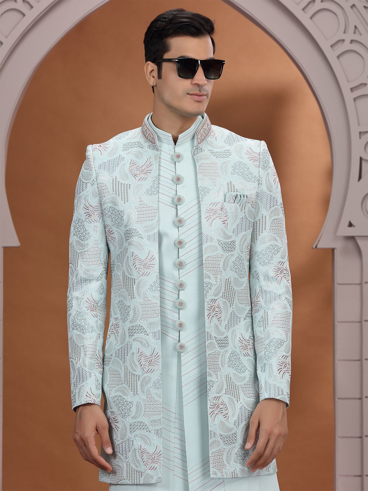 Light Blue Silk Indowestern With Jacket For Mens