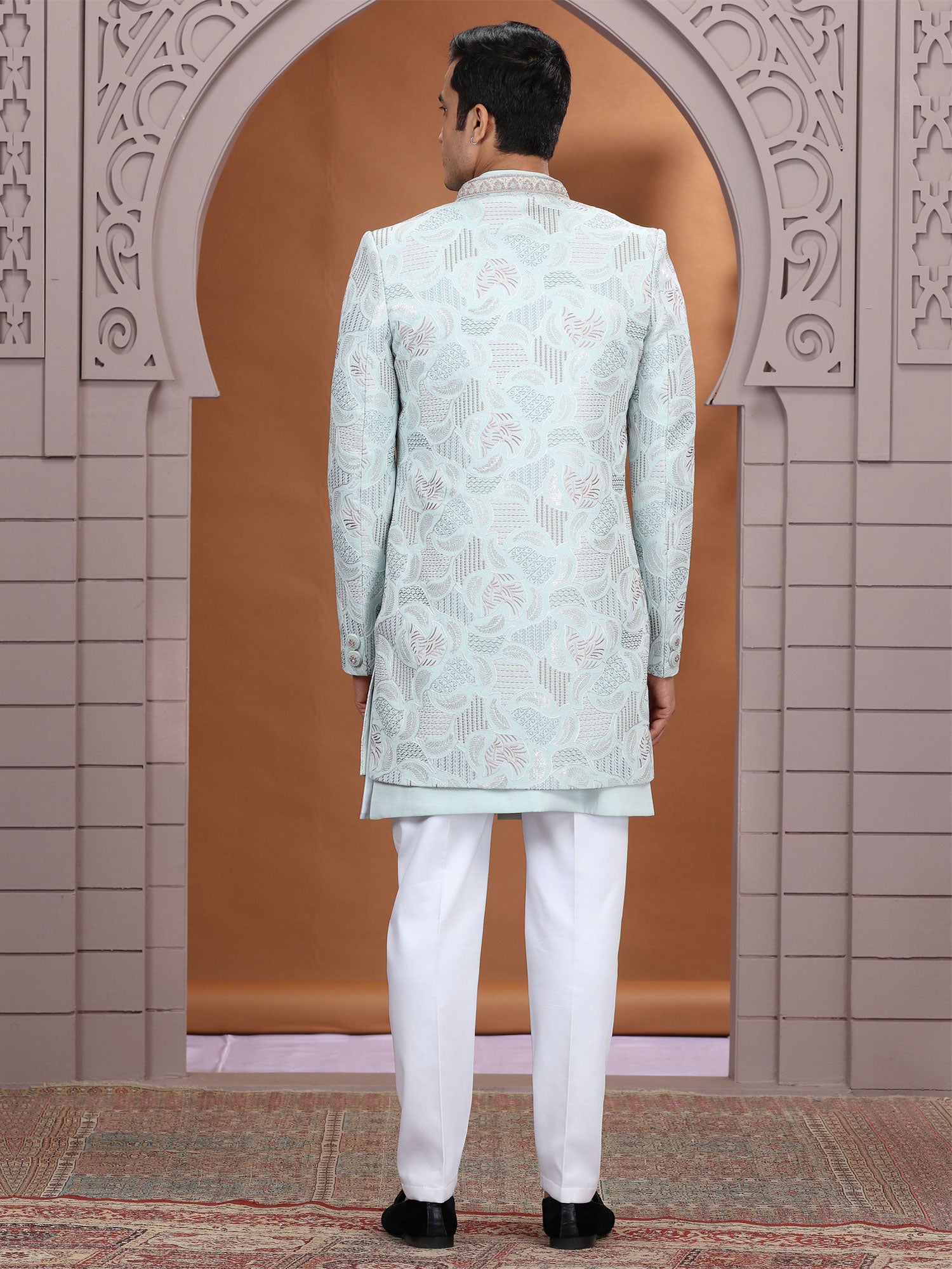 Light Blue Silk Indowestern With Jacket For Mens