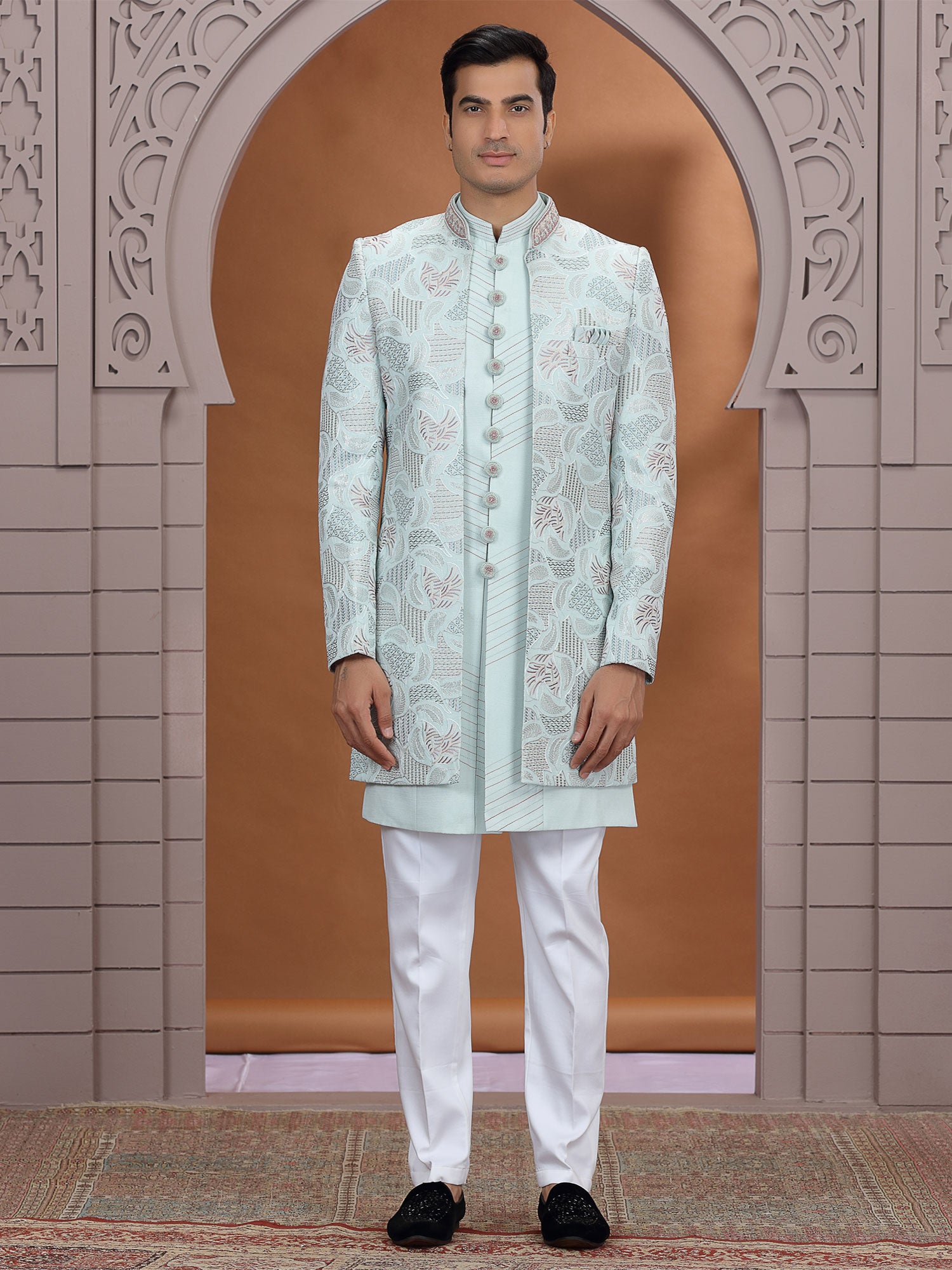 Light Blue Silk Indowestern With Jacket For Mens