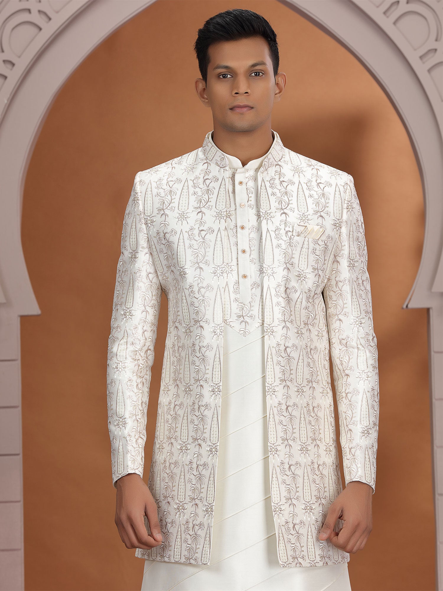 Cream Wedding Indowestern With Embroidered Jacket