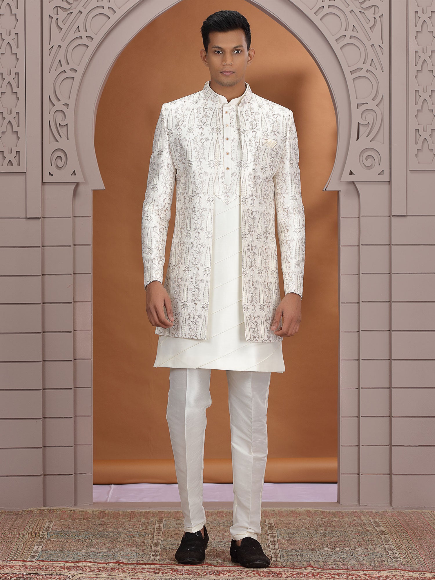 Cream Wedding Indowestern With Embroidered Jacket