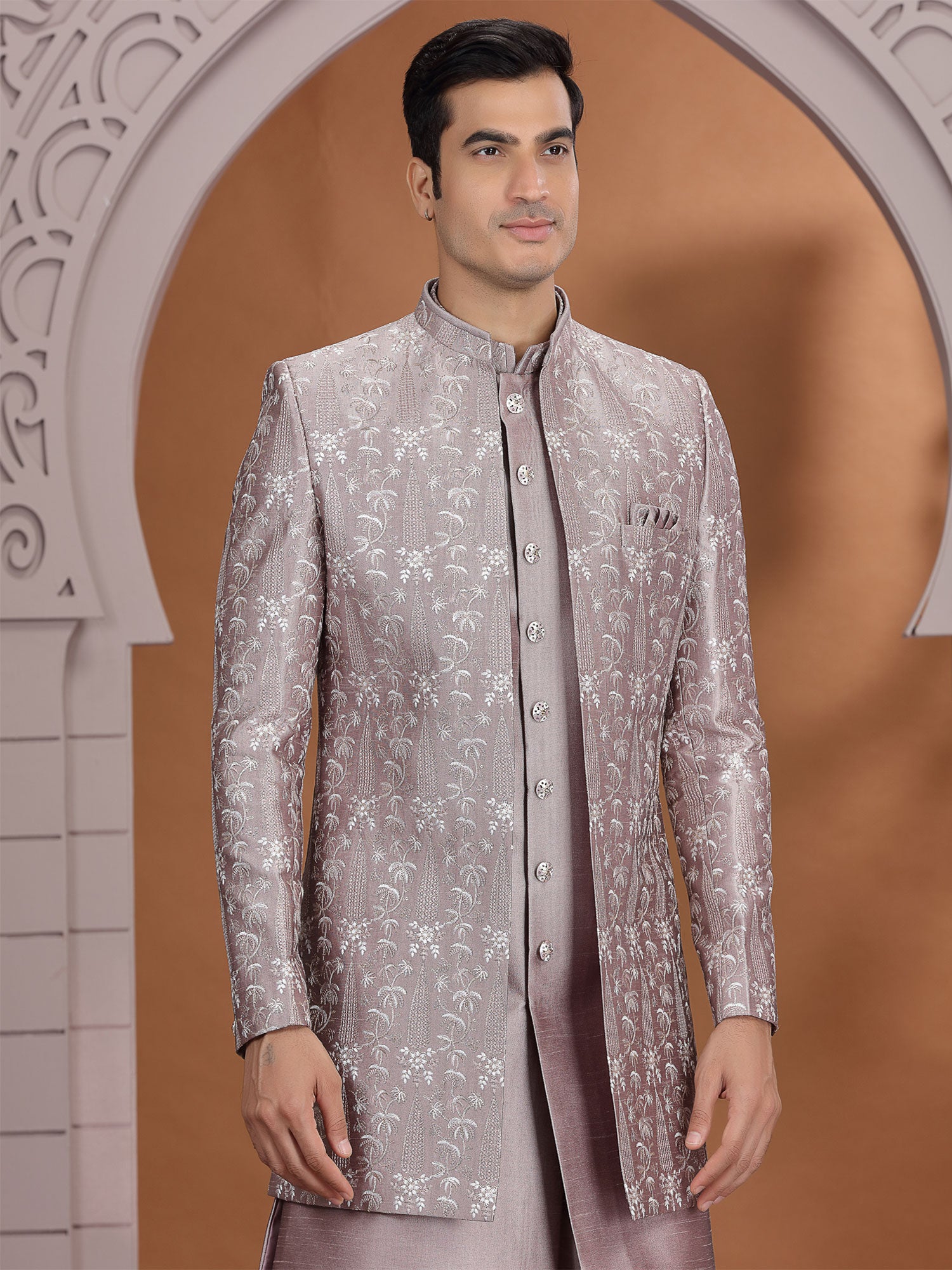 Mauve Floral Embroidered Wedding Indo Western
