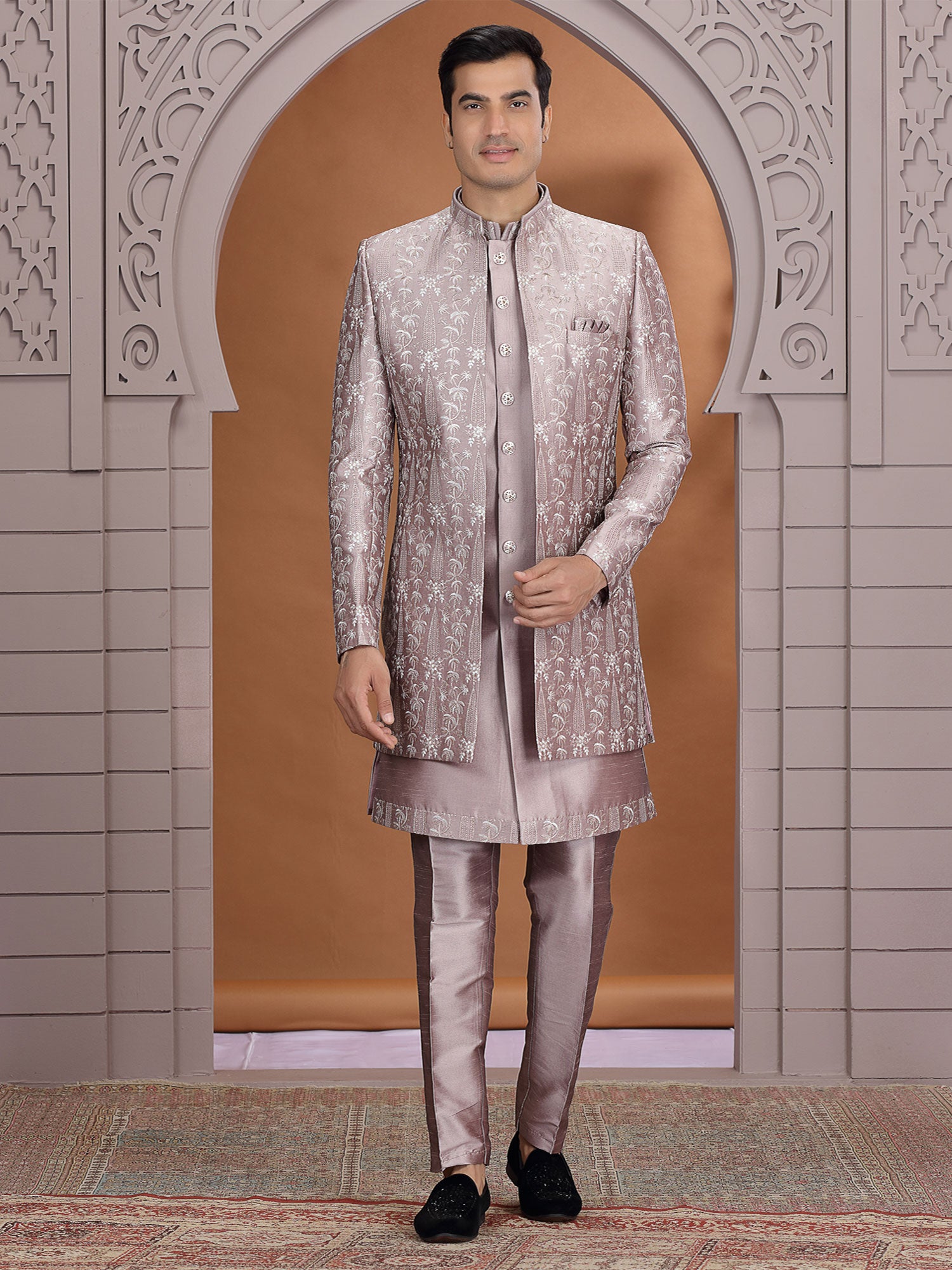 Mauve Floral Embroidered Wedding Indo Western