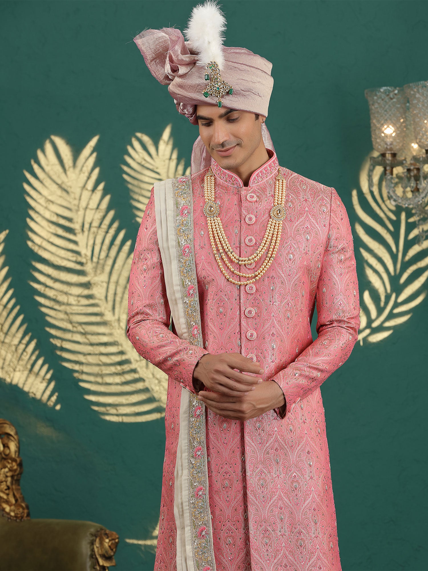 Pink Groom's Sherwani In Banarasi Silk With Stole