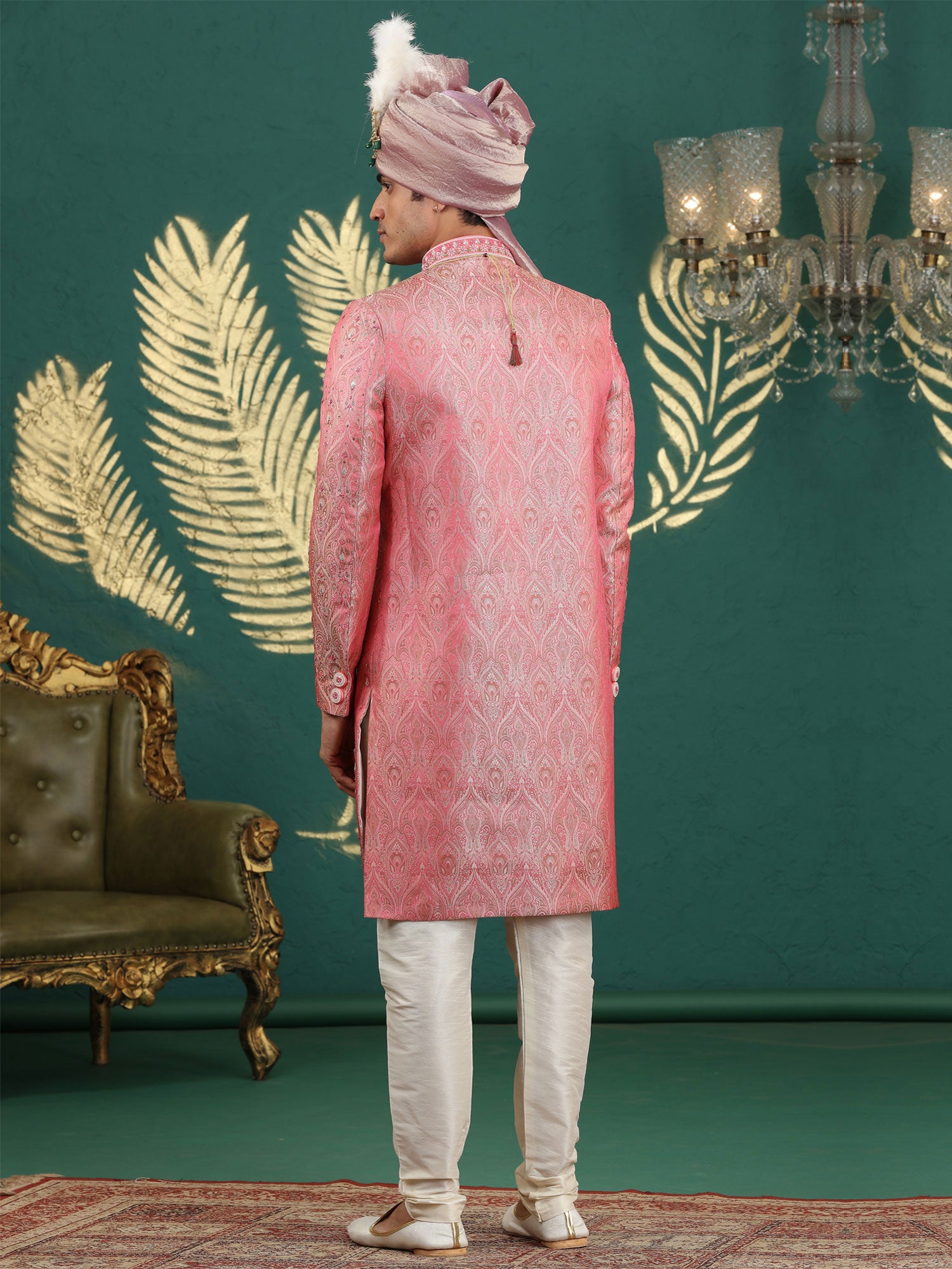 Pink Groom's Sherwani In Banarasi Silk With Stole