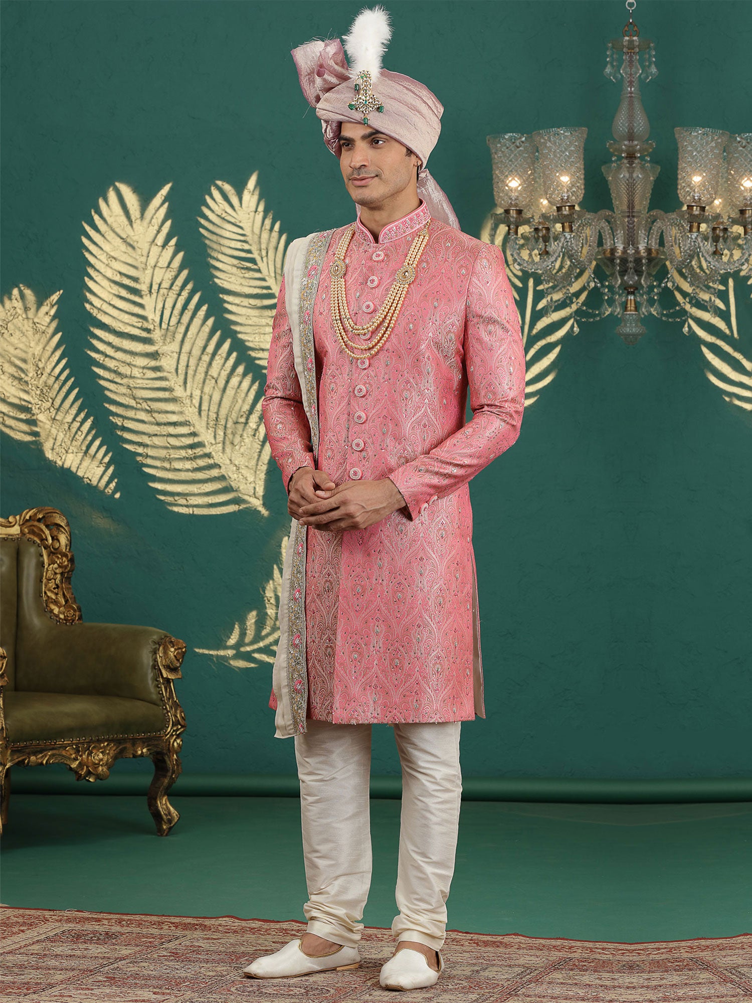 Pink Groom's Sherwani In Banarasi Silk With Stole