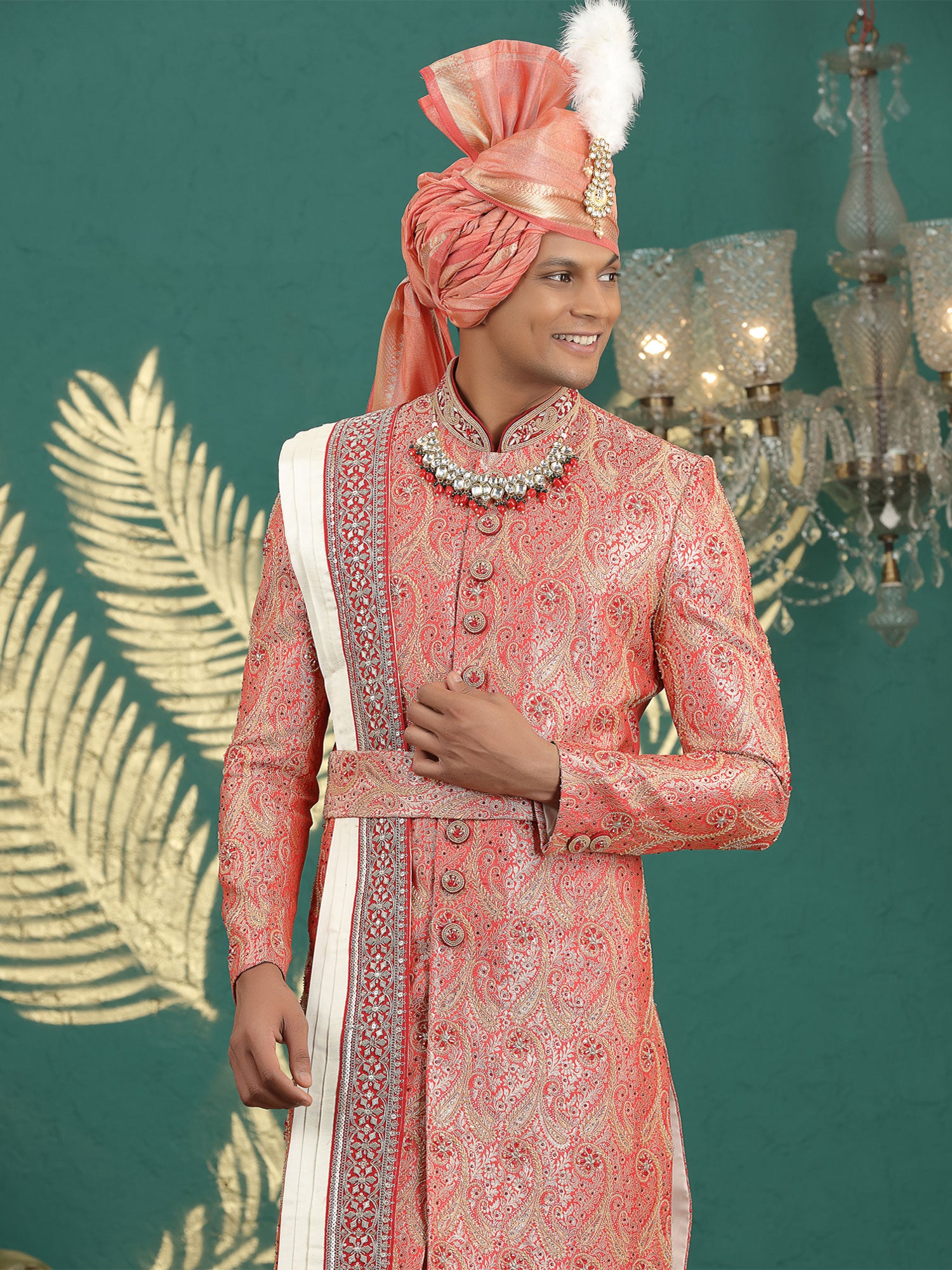 Peach Heavy Zari Embroidered Silk Sherwani Set