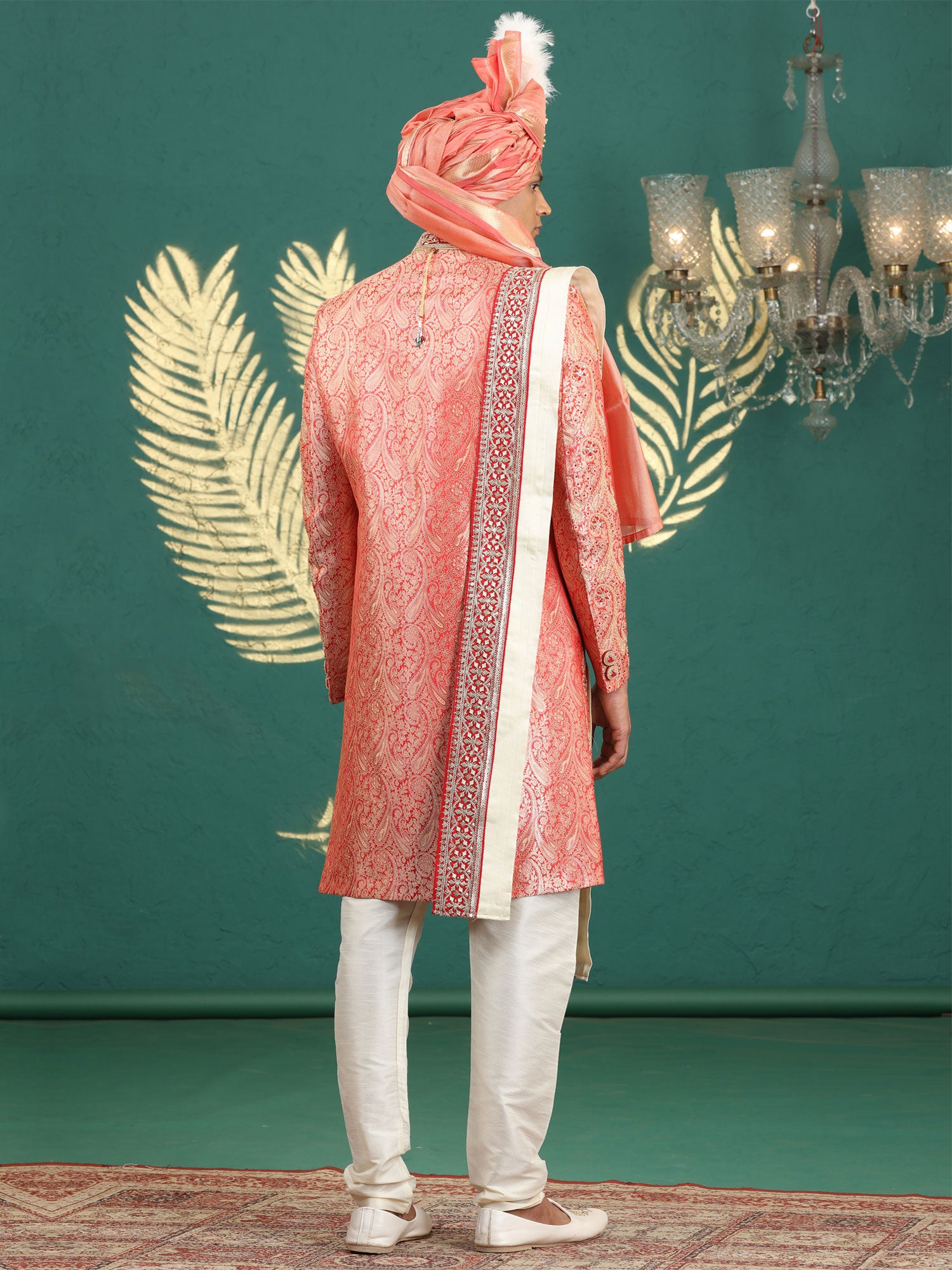 Peach Heavy Zari Embroidered Silk Sherwani Set