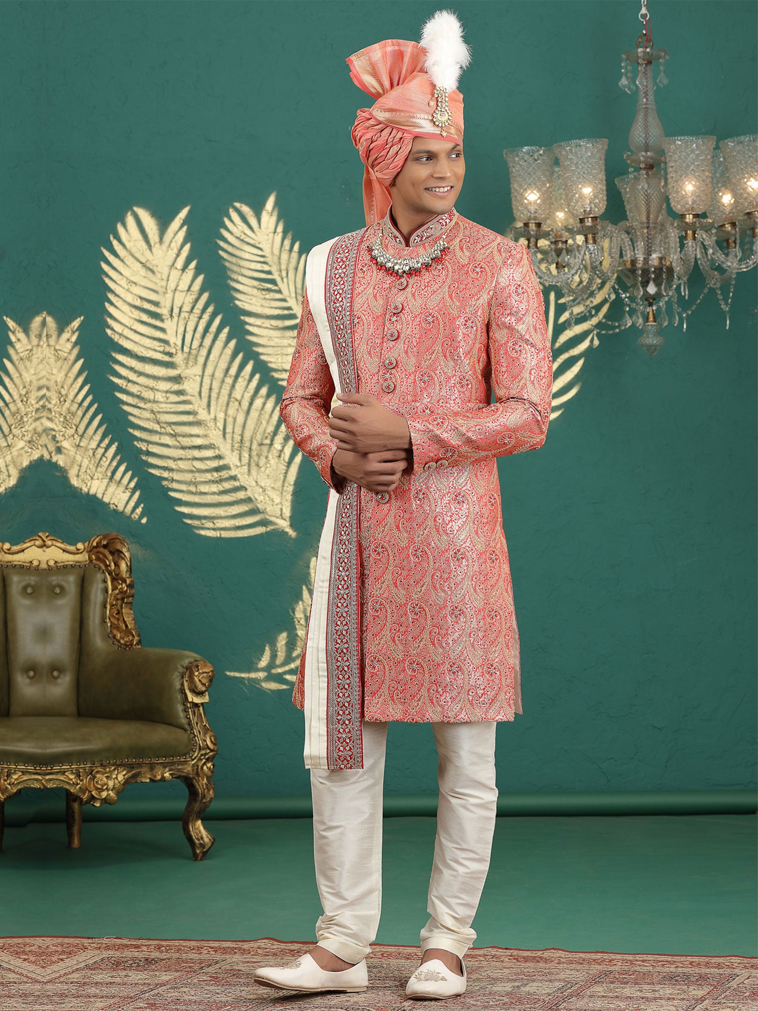 Peach Heavy Zari Embroidered Silk Sherwani Set