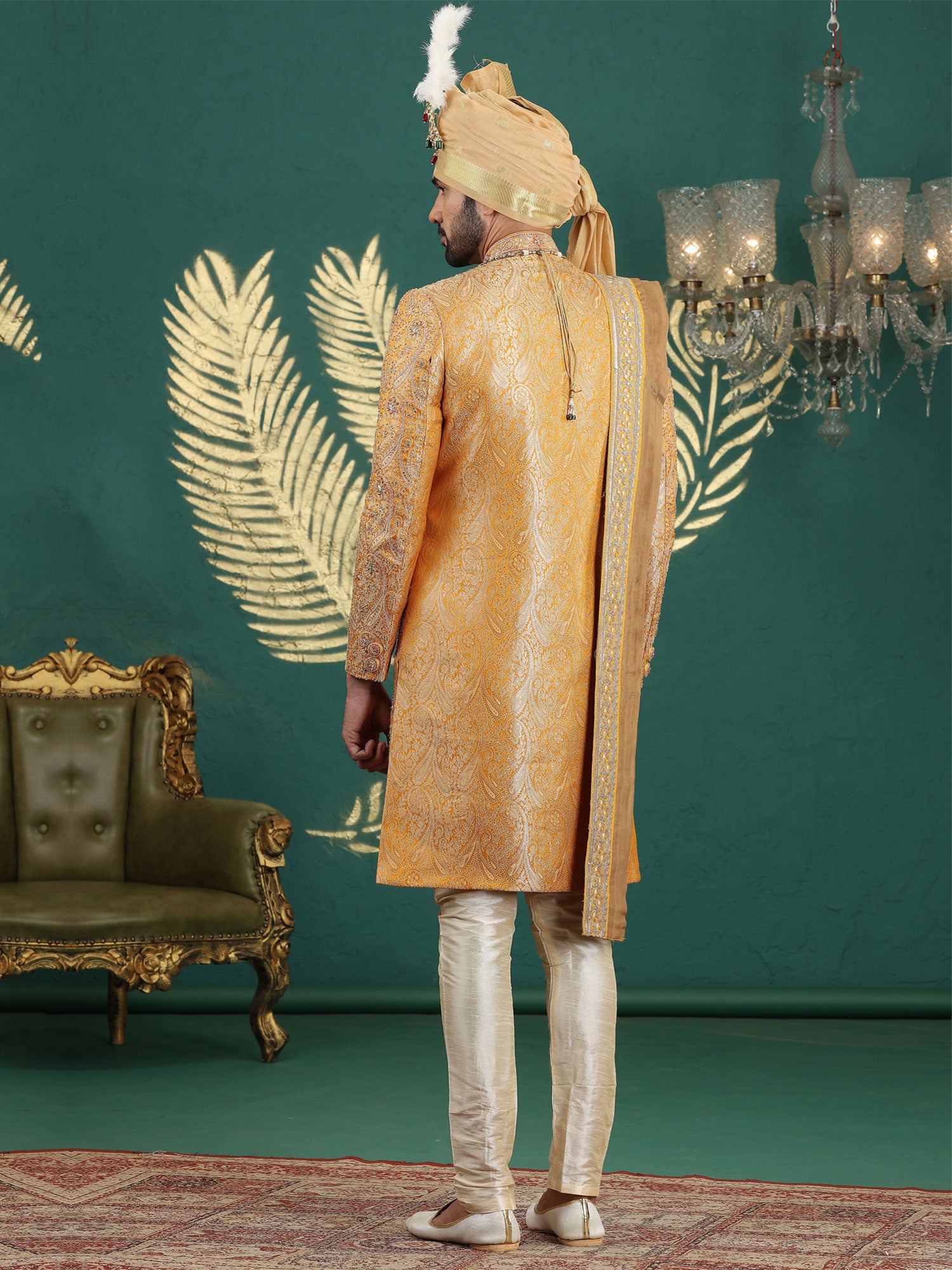 Yellow Wedding Sherwani With Stone In Stone Work
