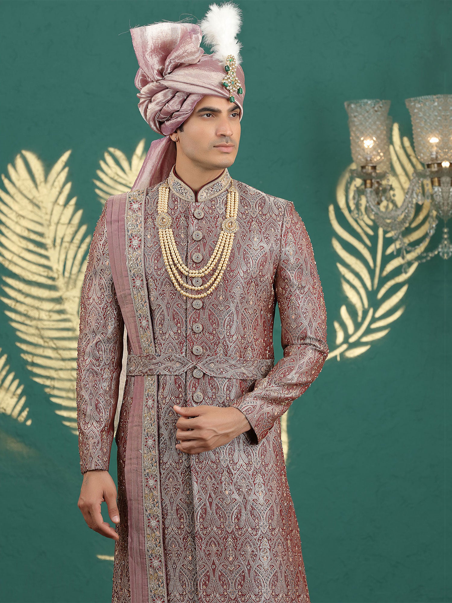 Mauve Heavy Embroidered Sherwani With Stole
