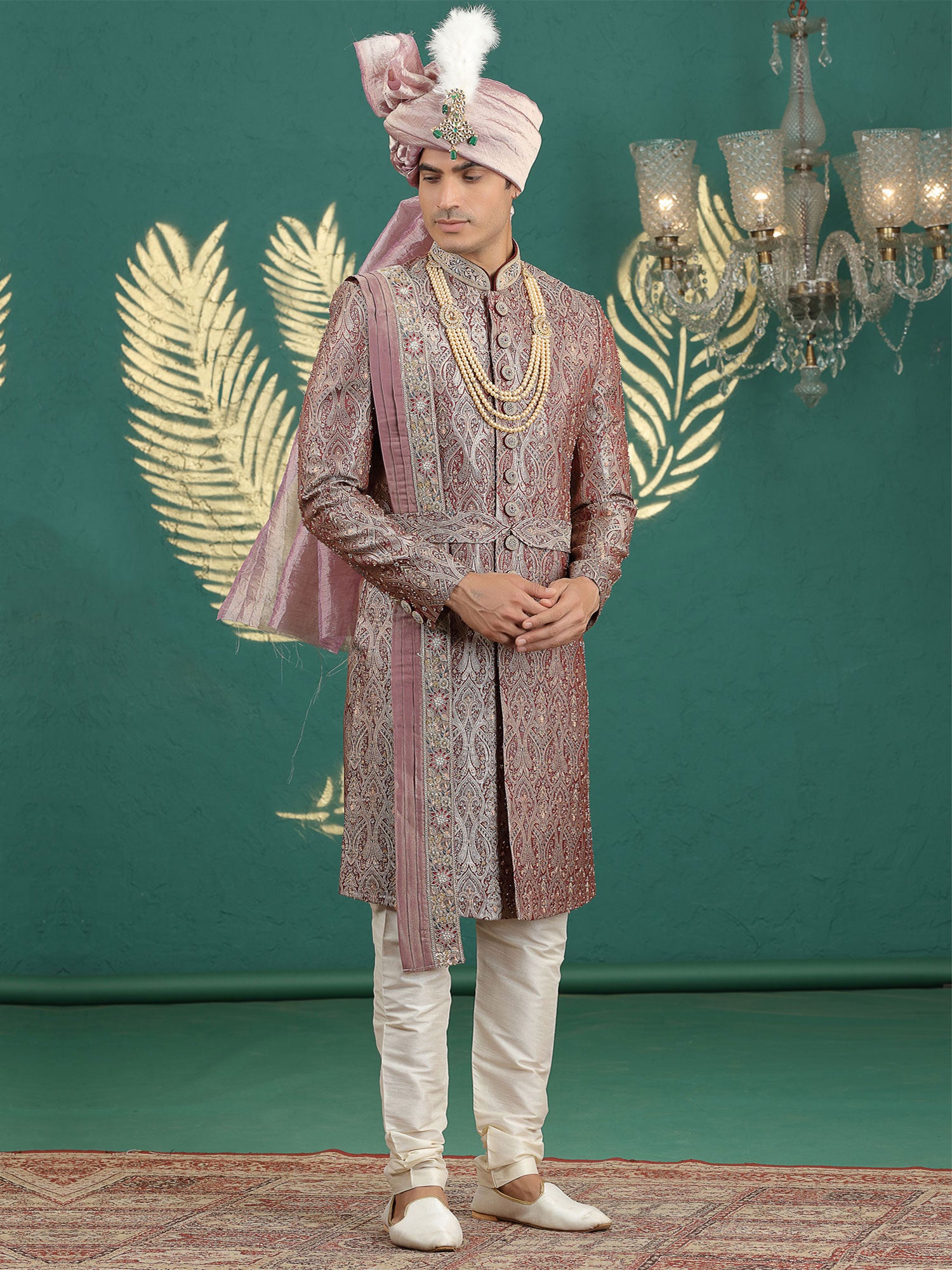 Mauve Heavy Embroidered Sherwani With Stole