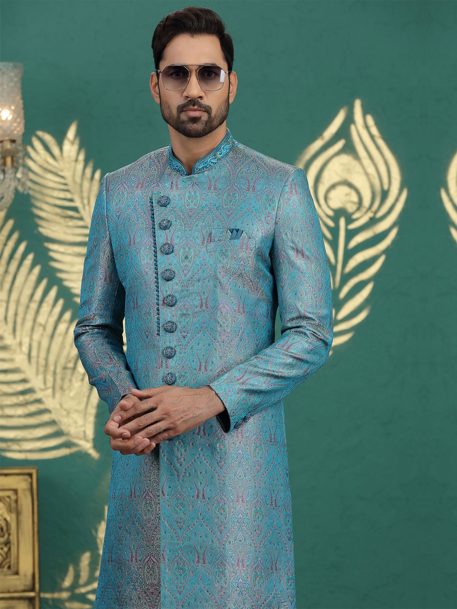 Blue Embroidered Art Silk Sherwani For Mens