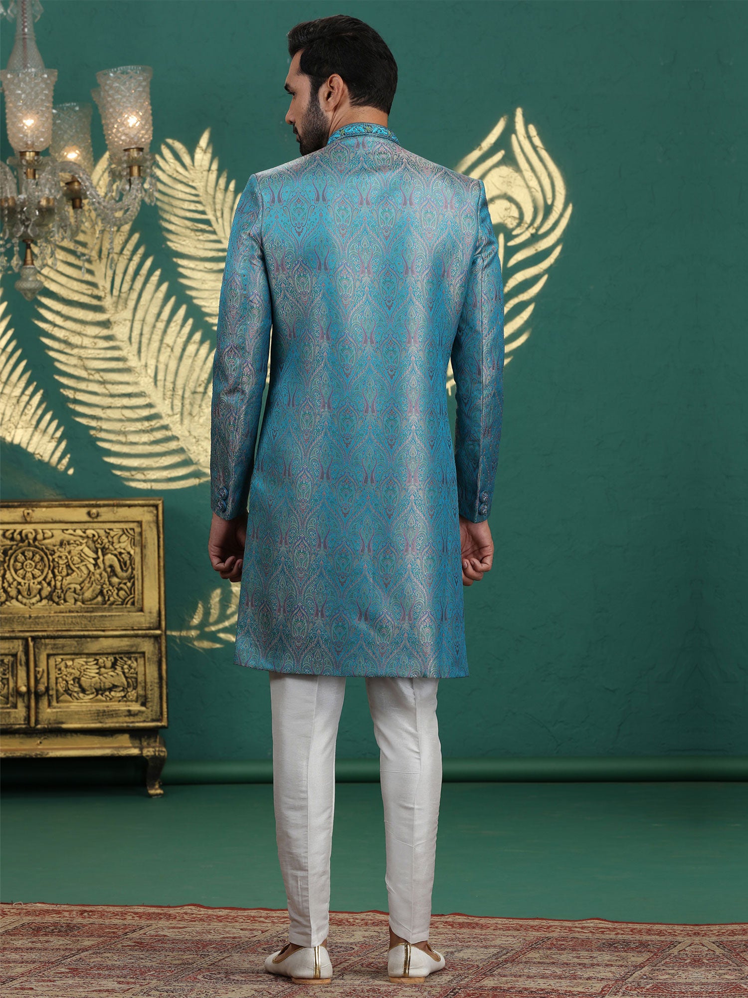 Blue Embroidered Art Silk Sherwani For Mens