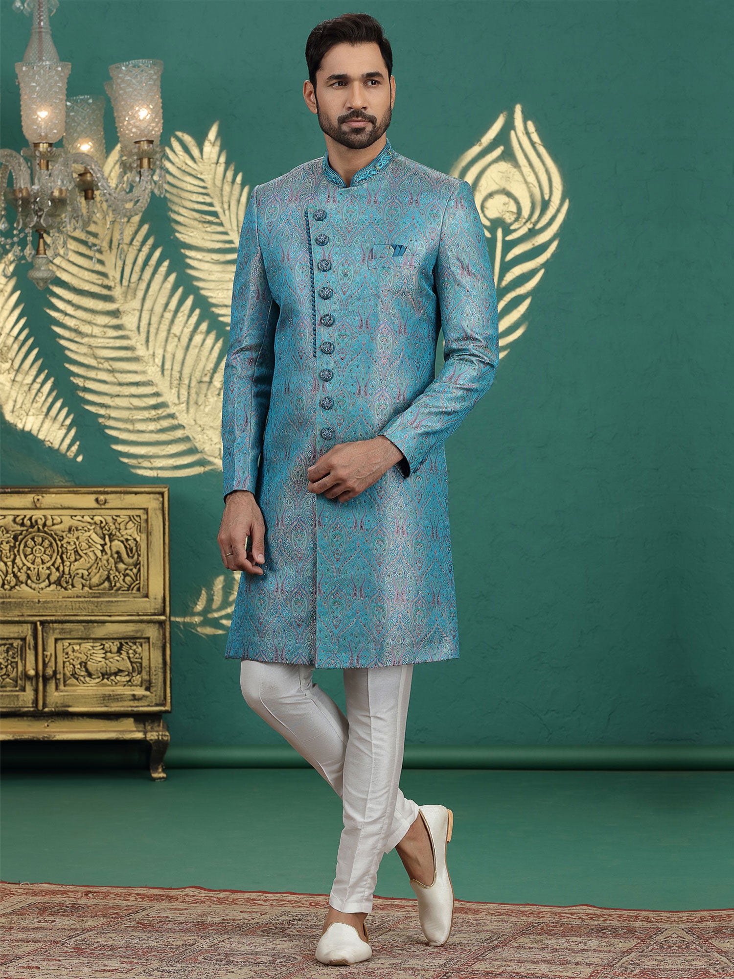 Blue Embroidered Art Silk Sherwani For Mens