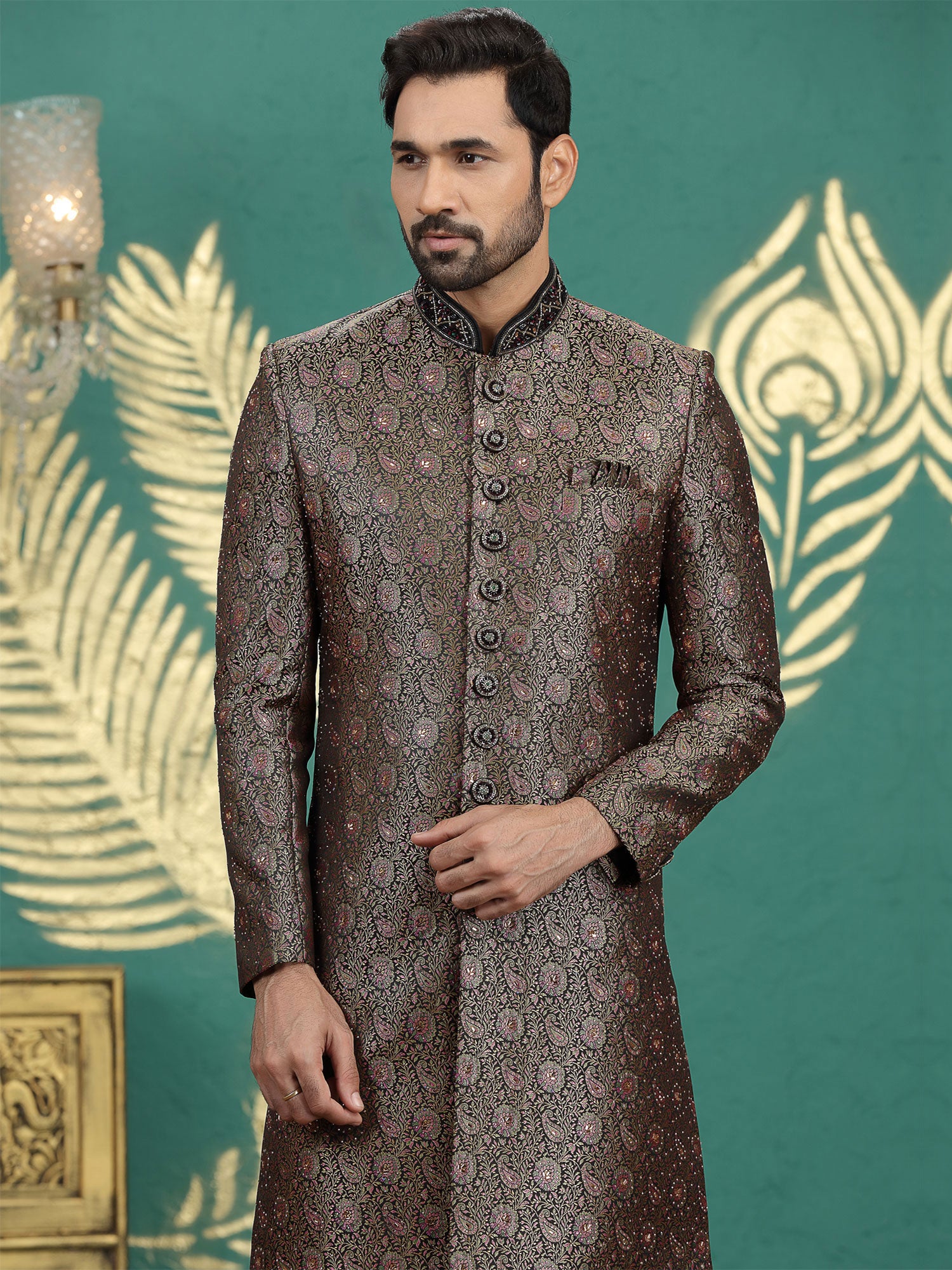 Black Stone Embellished Wedding Sherwani Set
