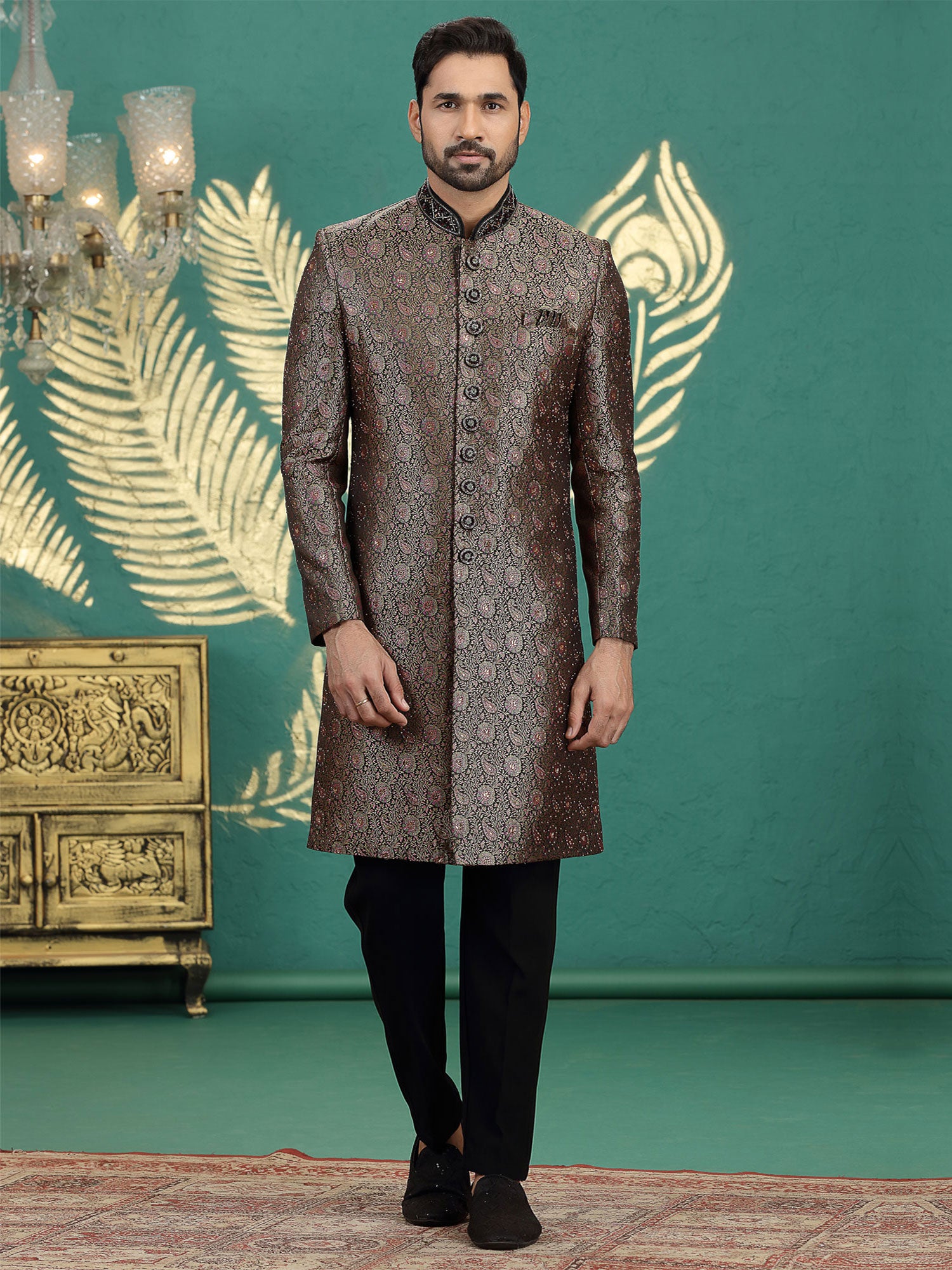 Black Stone Embellished Wedding Sherwani Set