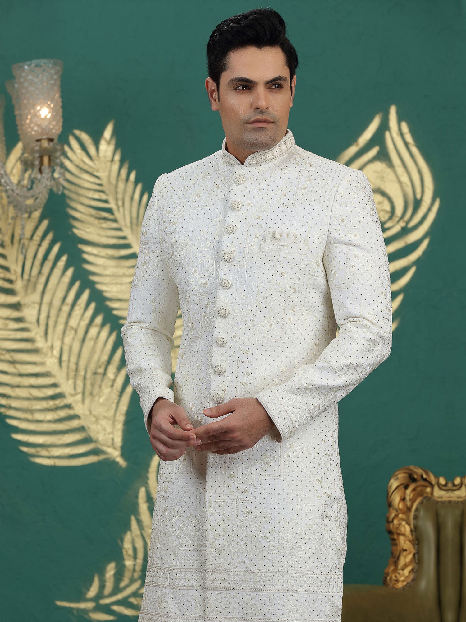 White Stone Work Enhanced Wedding Sherwani