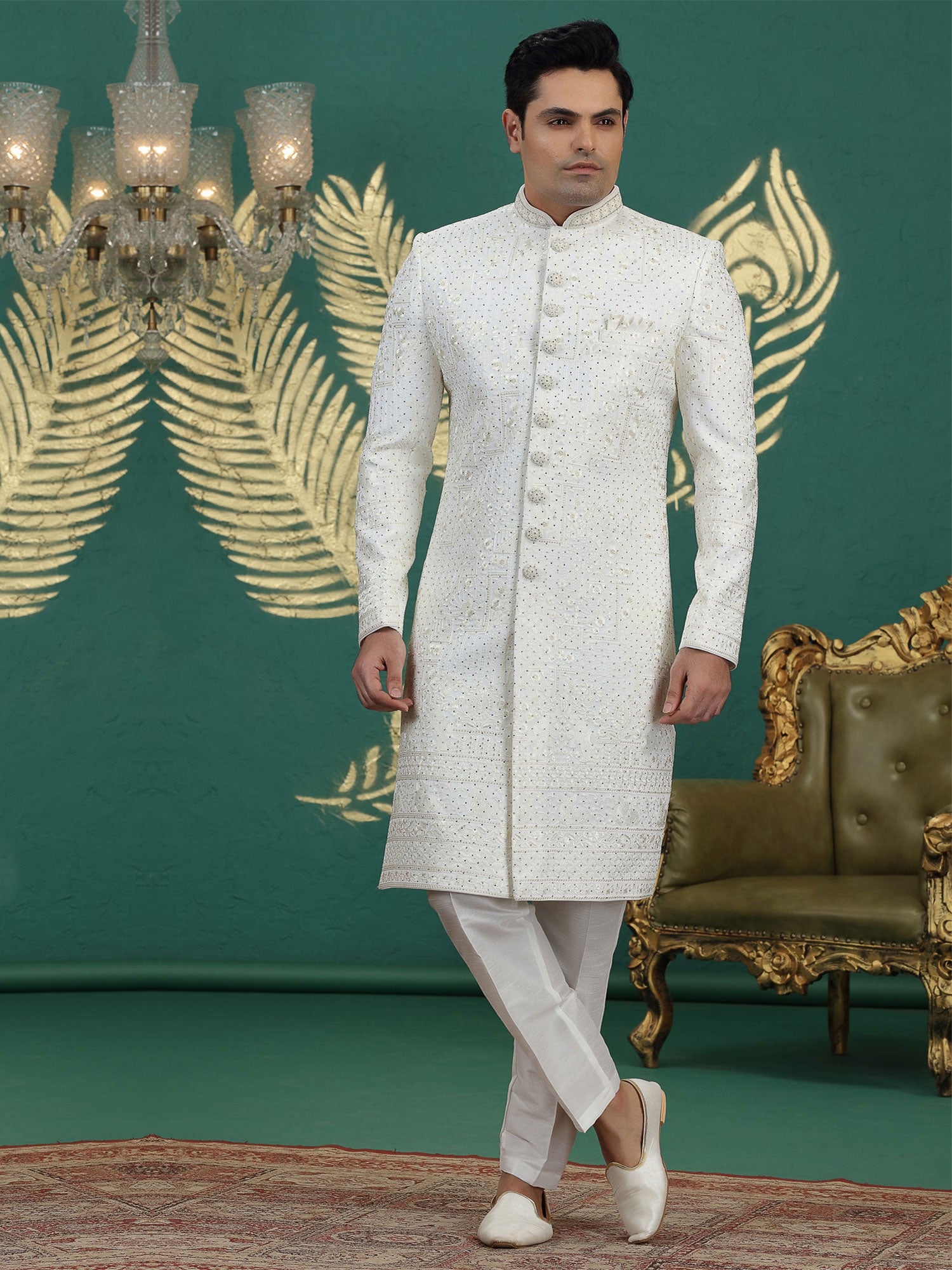 White Stone Work Enhanced Wedding Sherwani