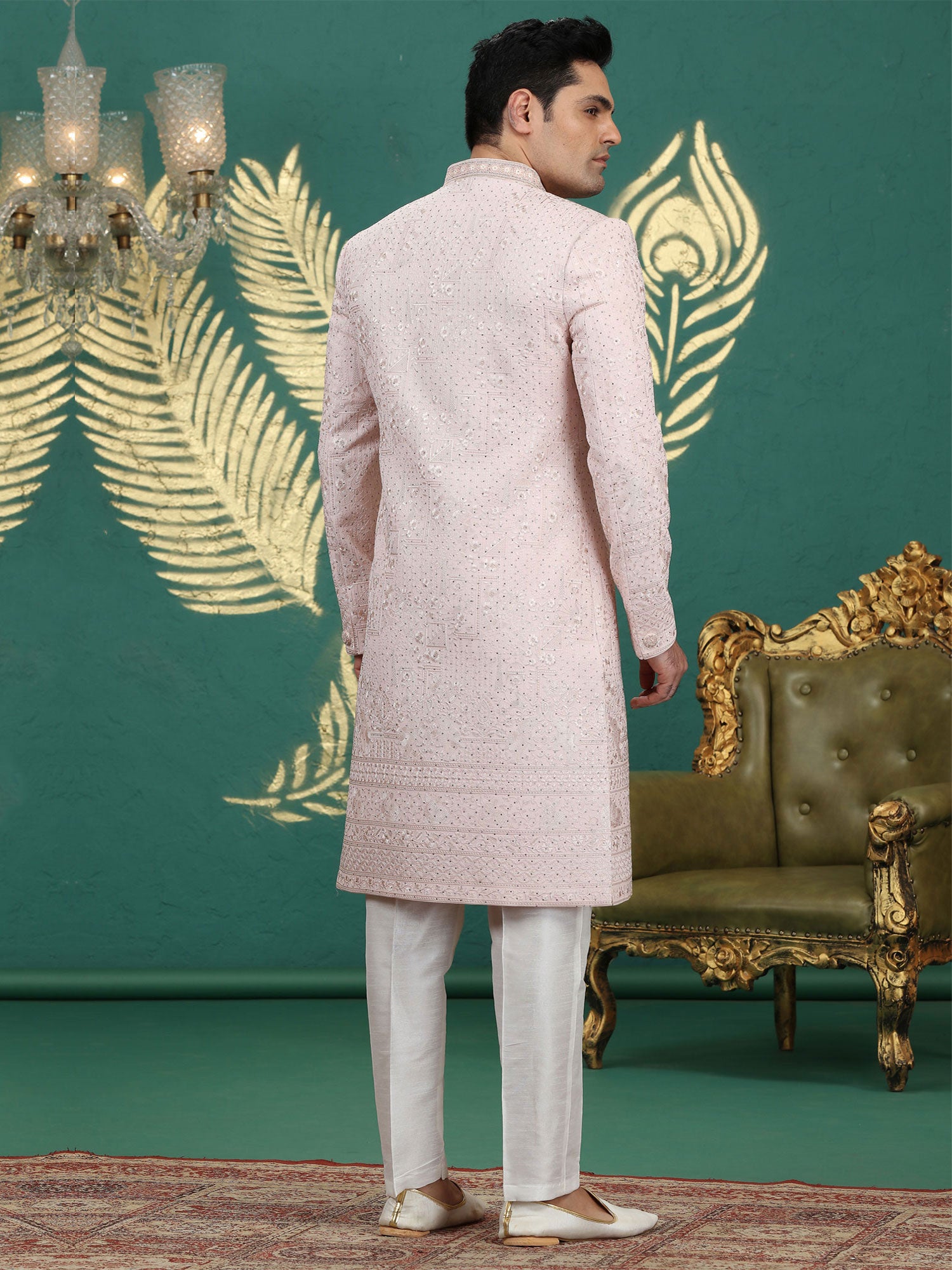 Light Pink Floral Thread Work Sherwani For Mens
