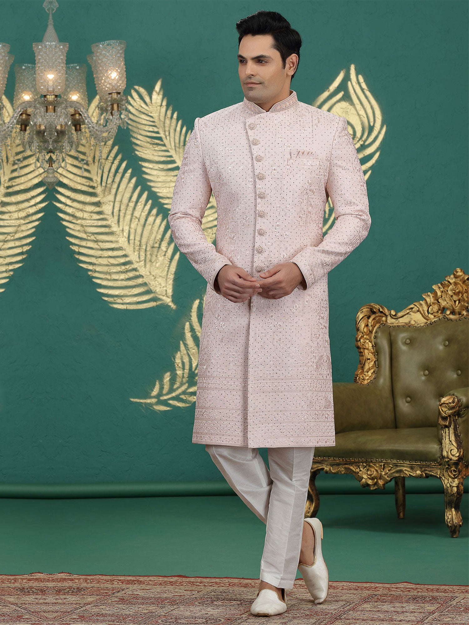 Light Pink Floral Thread Work Sherwani For Mens