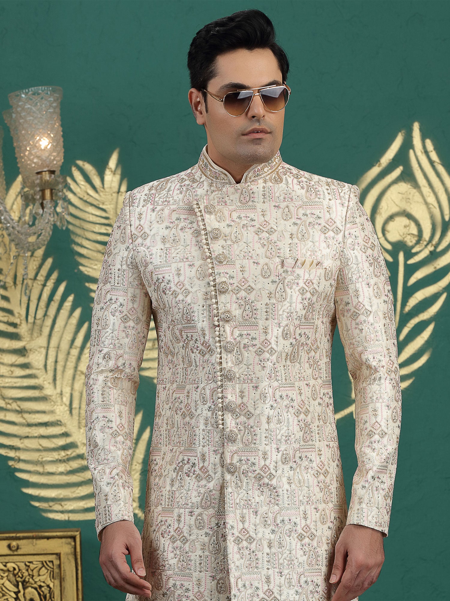 Beige Heavy Embroidered Sherwani Set In Silk
