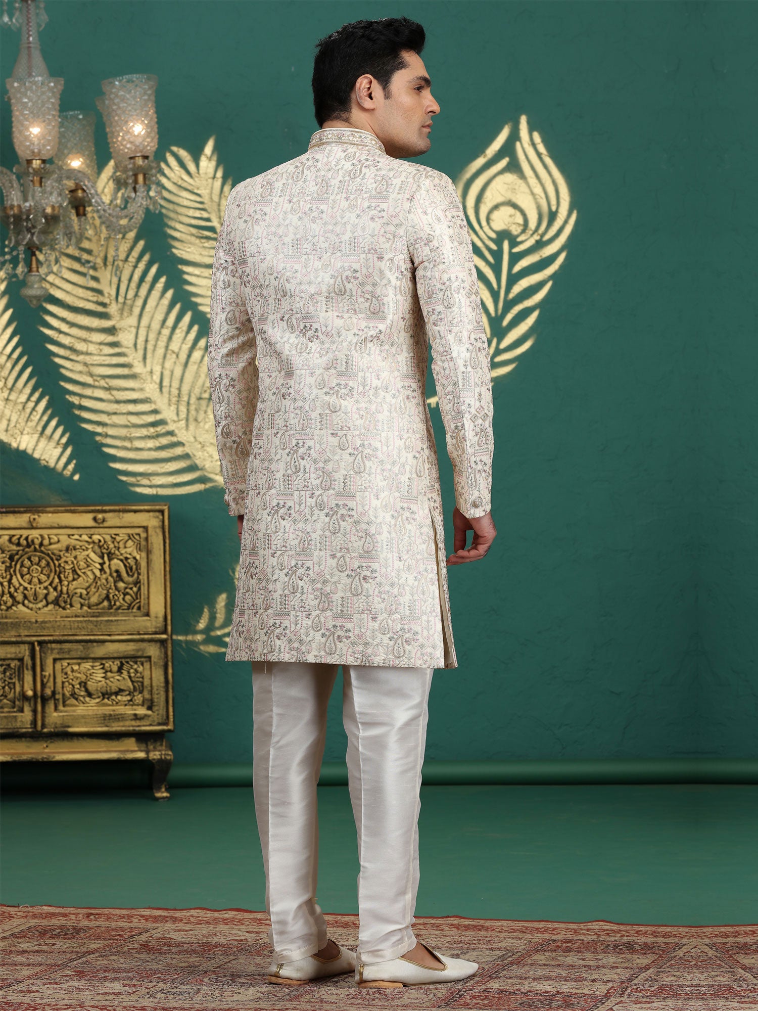 Beige Heavy Embroidered Sherwani Set In Silk