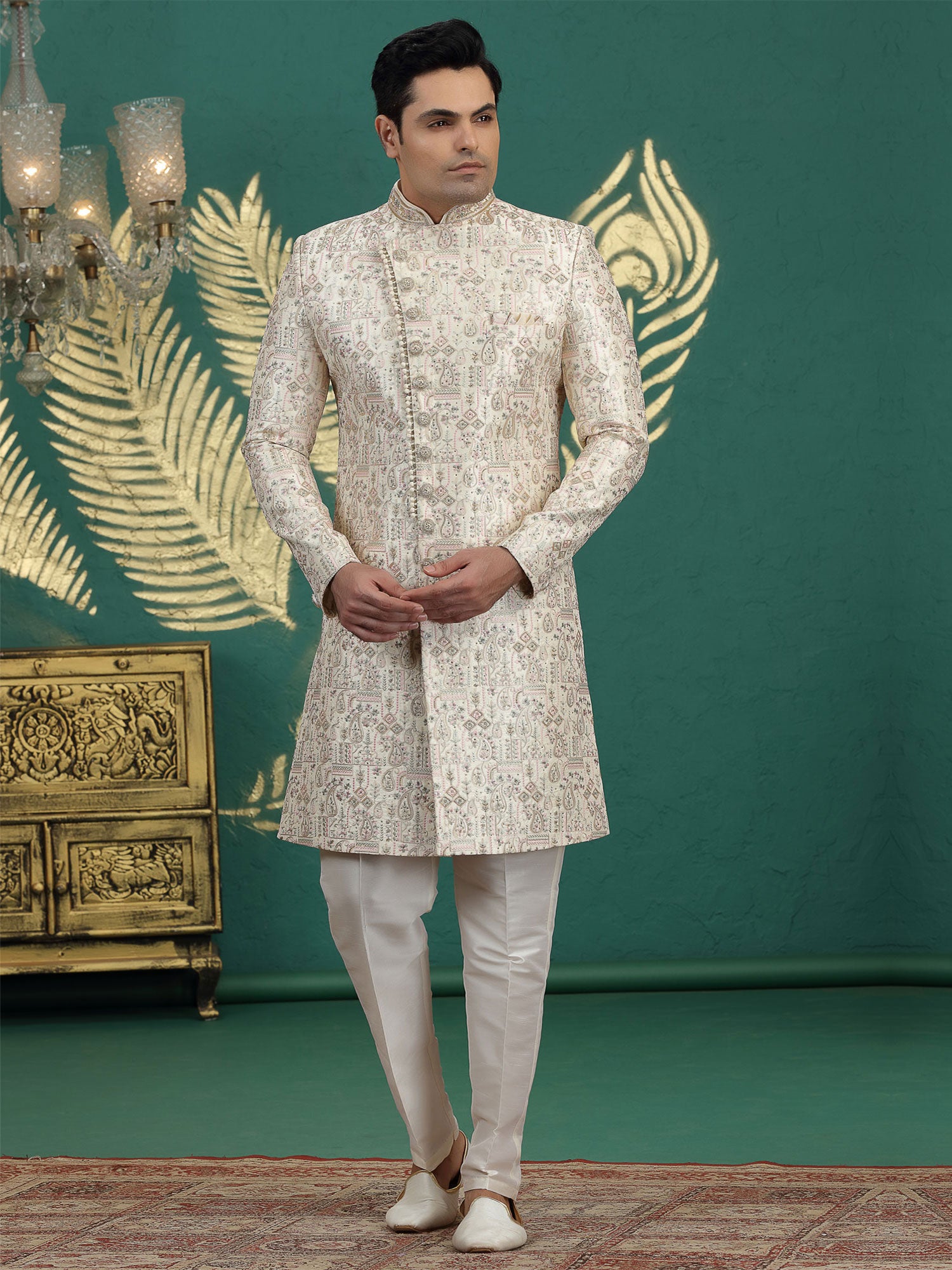 Beige Heavy Embroidered Sherwani Set In Silk