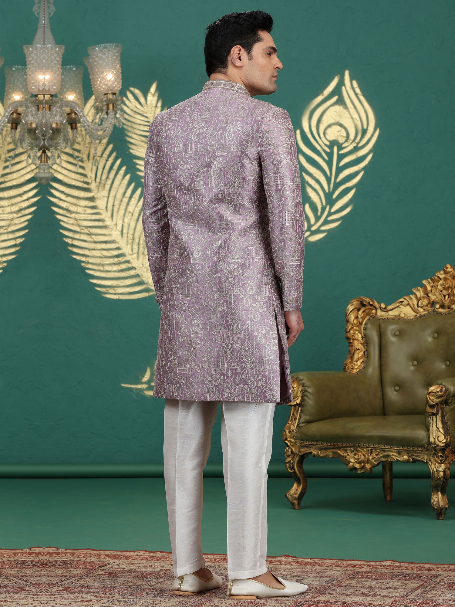 Lilac Thread Work Embellished Men's Sherwani