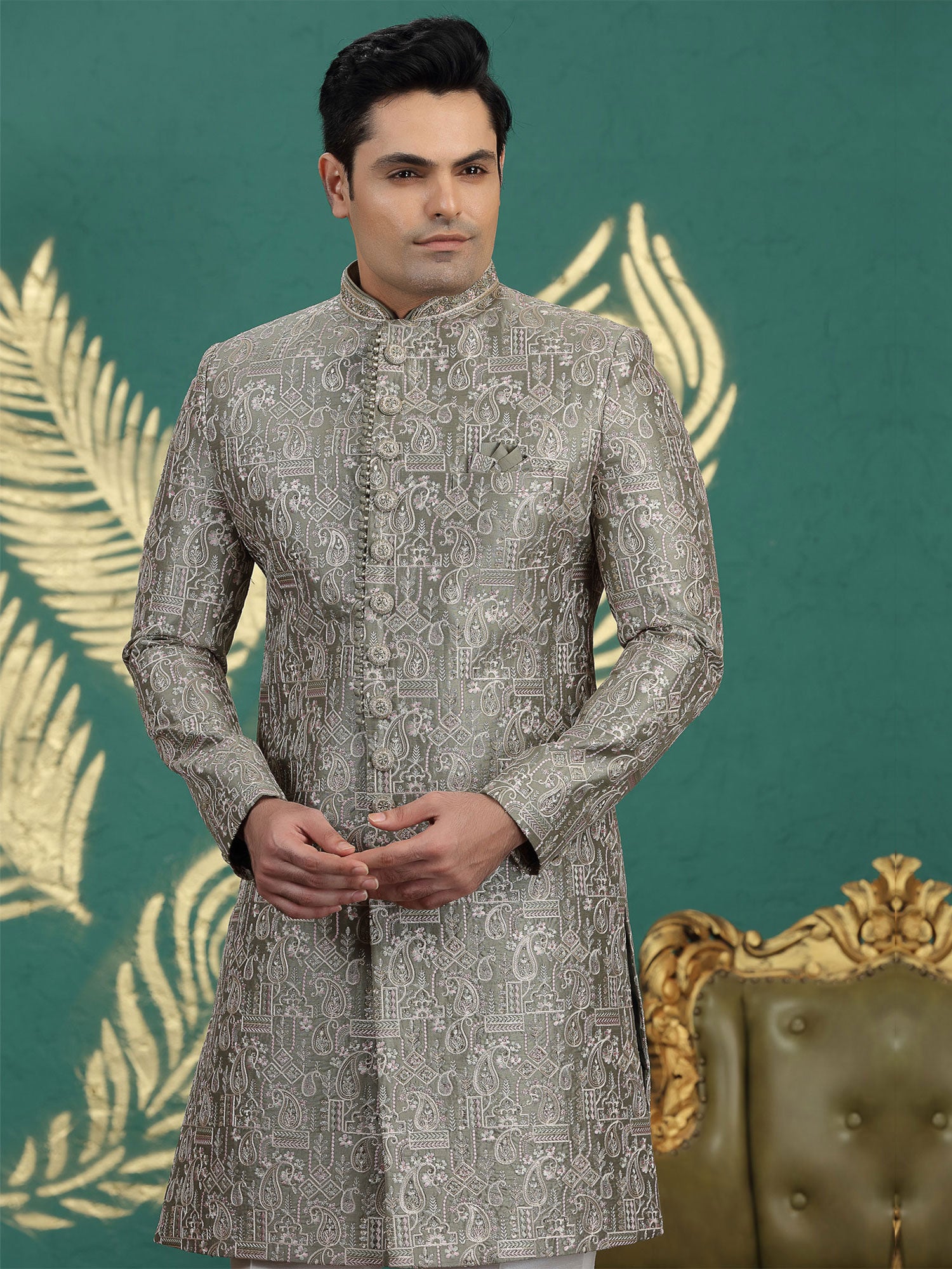 Dark Grey Wedding Sherwani In Heavy Embroidery