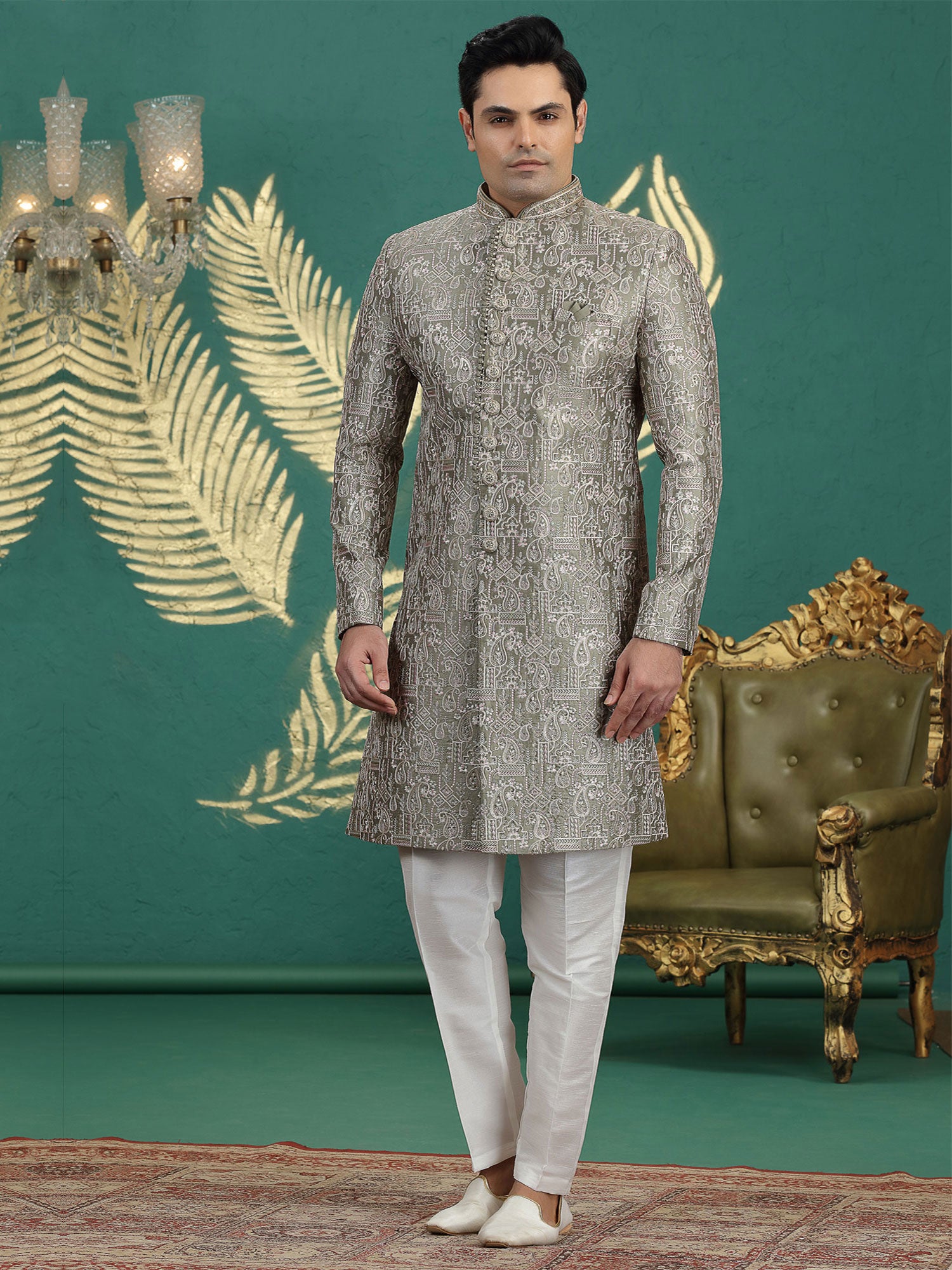 Dark Grey Wedding Sherwani In Heavy Embroidery