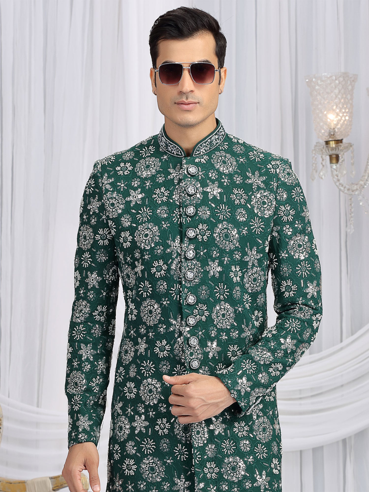 Forest Green Sequins Work Enhanced Indo Western