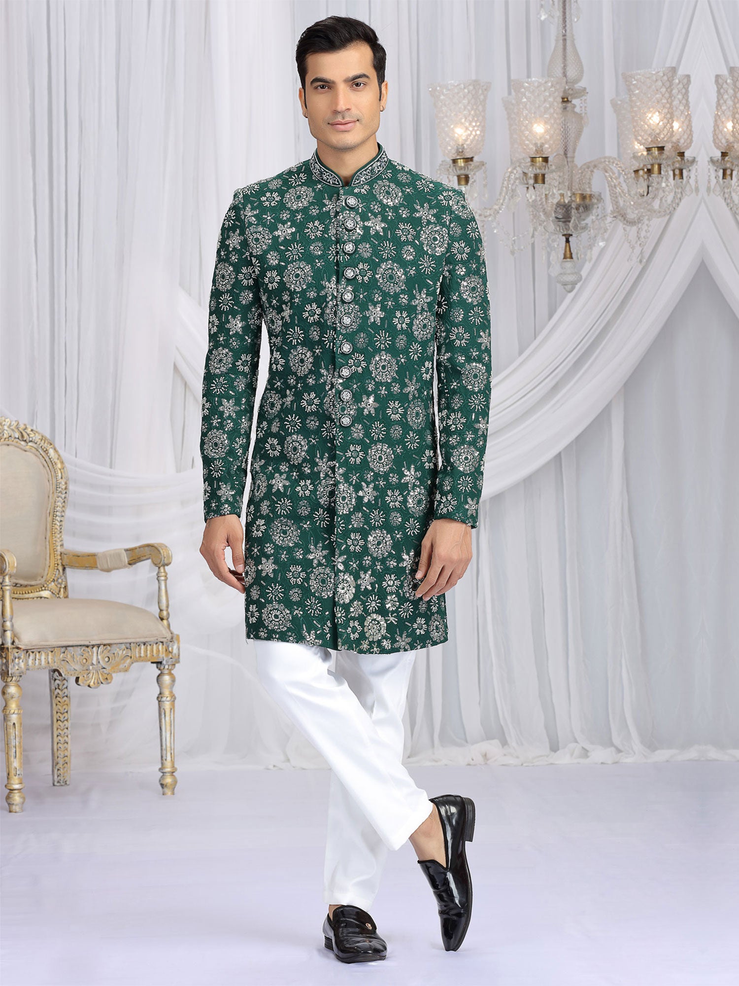 Forest Green Sequins Work Enhanced Indo Western