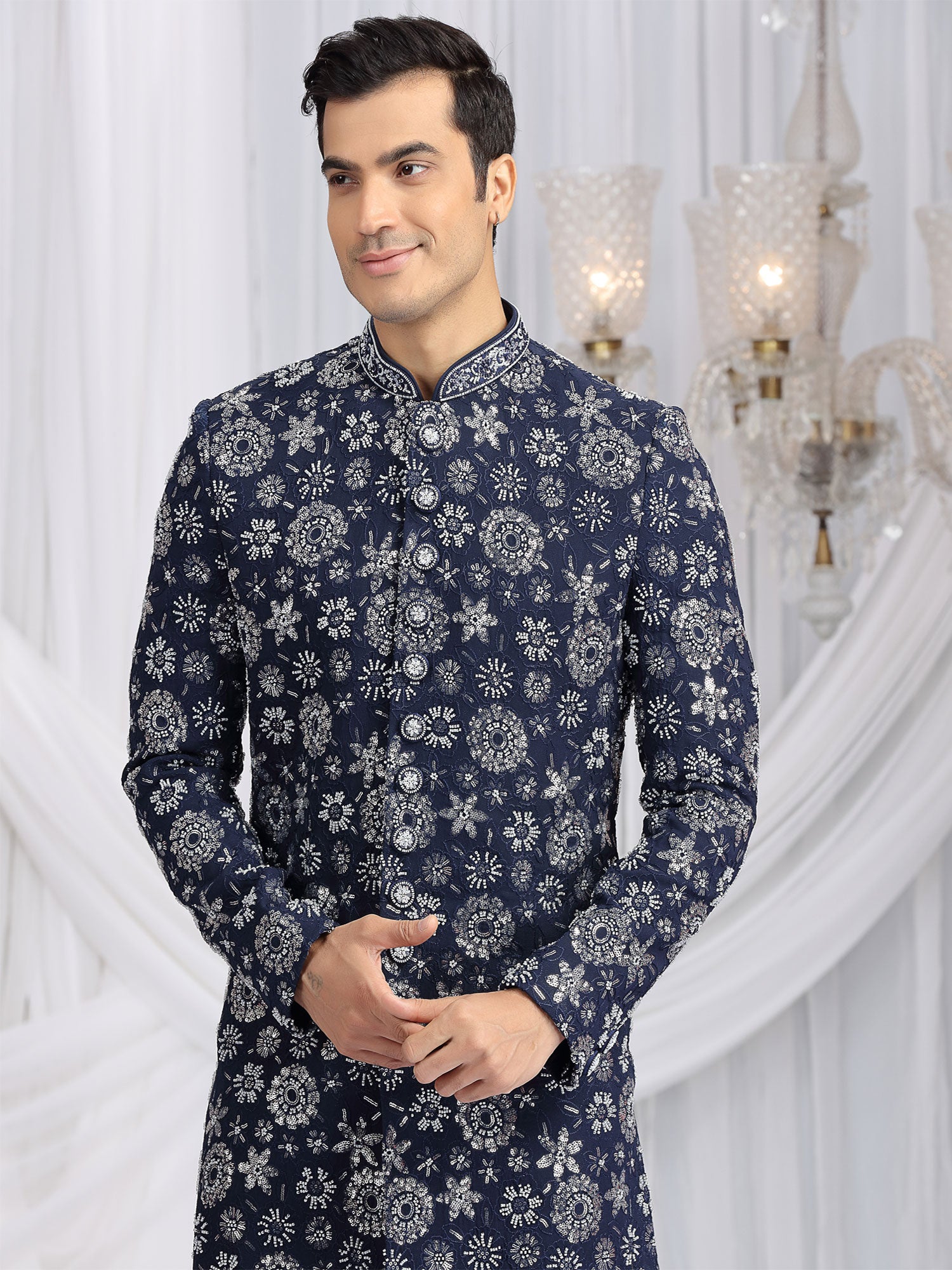 Dark Blue Embroidered Men's Indo Western Set