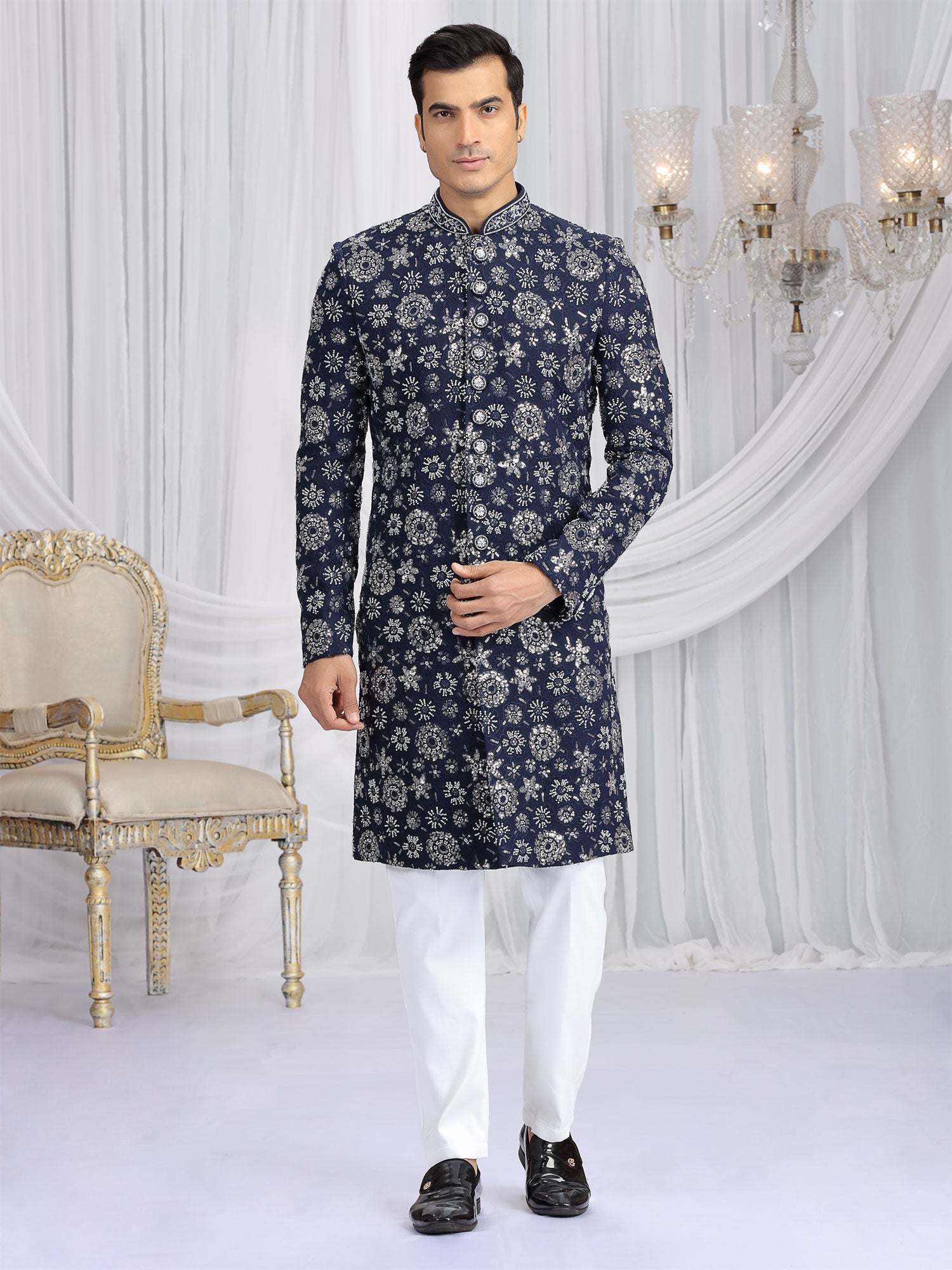 Dark Blue Embroidered Men's Indo Western Set