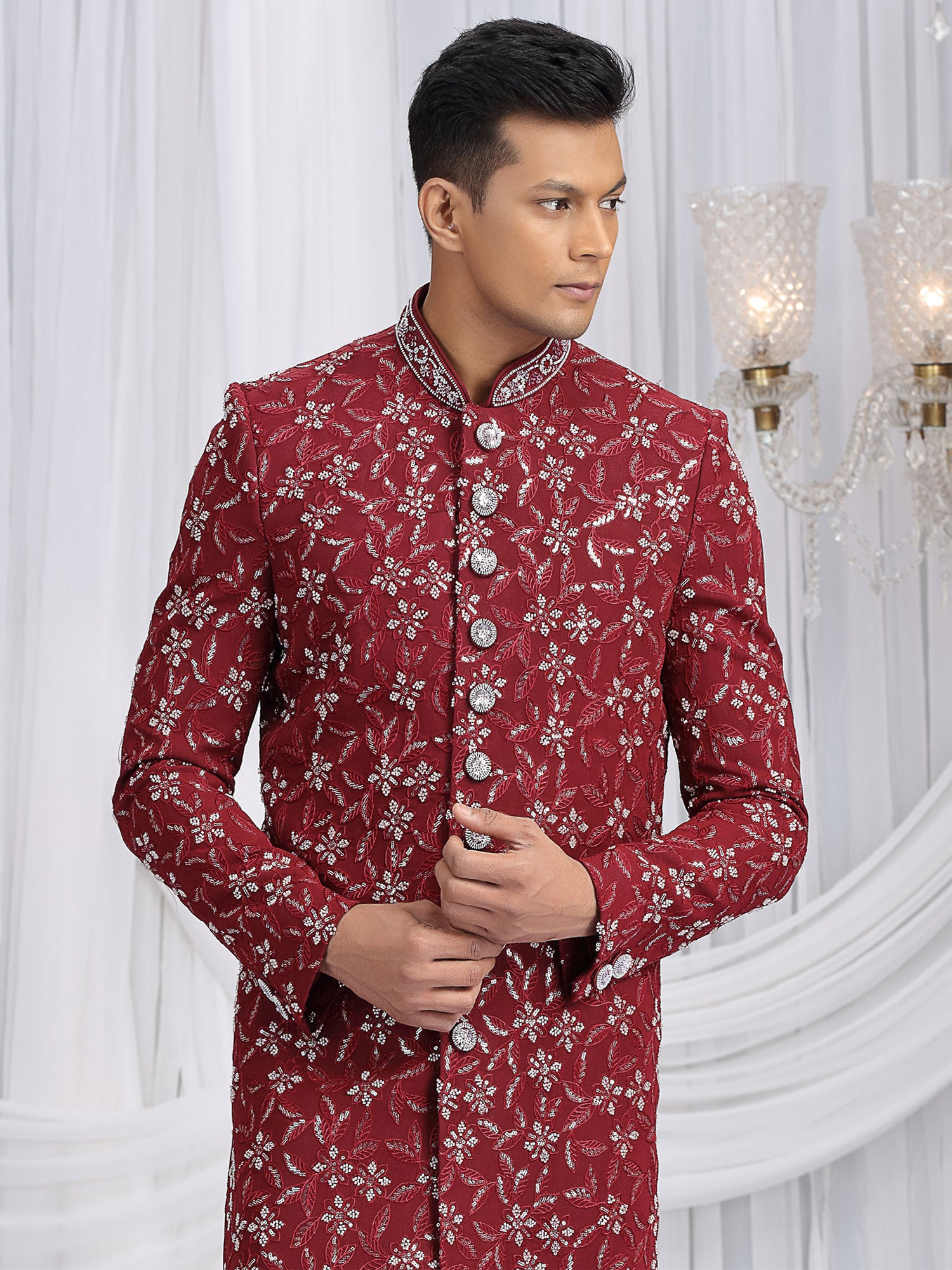 Red Floral Thread Augmented Silk Indowestern