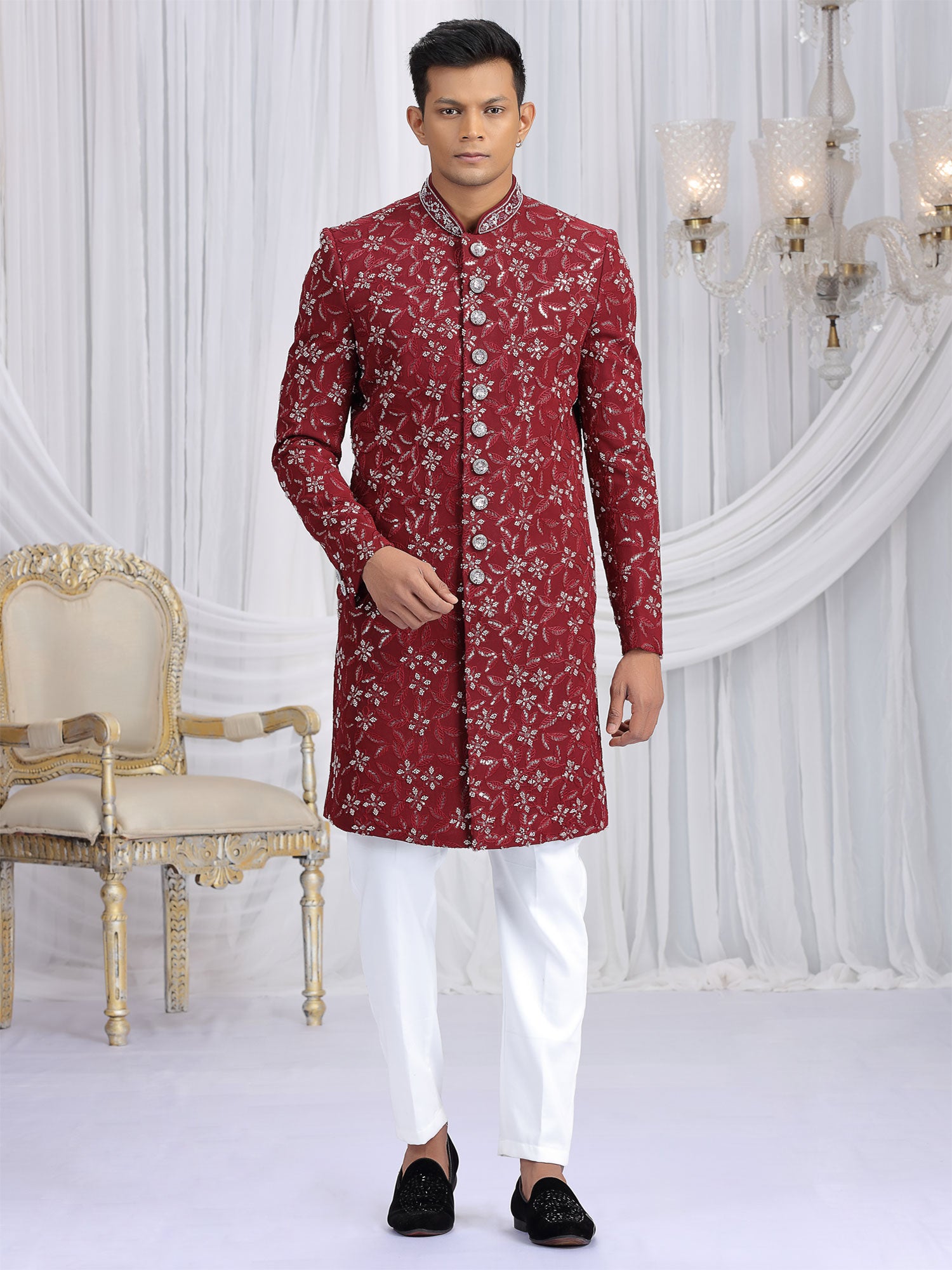 Red Floral Thread Augmented Silk Indowestern